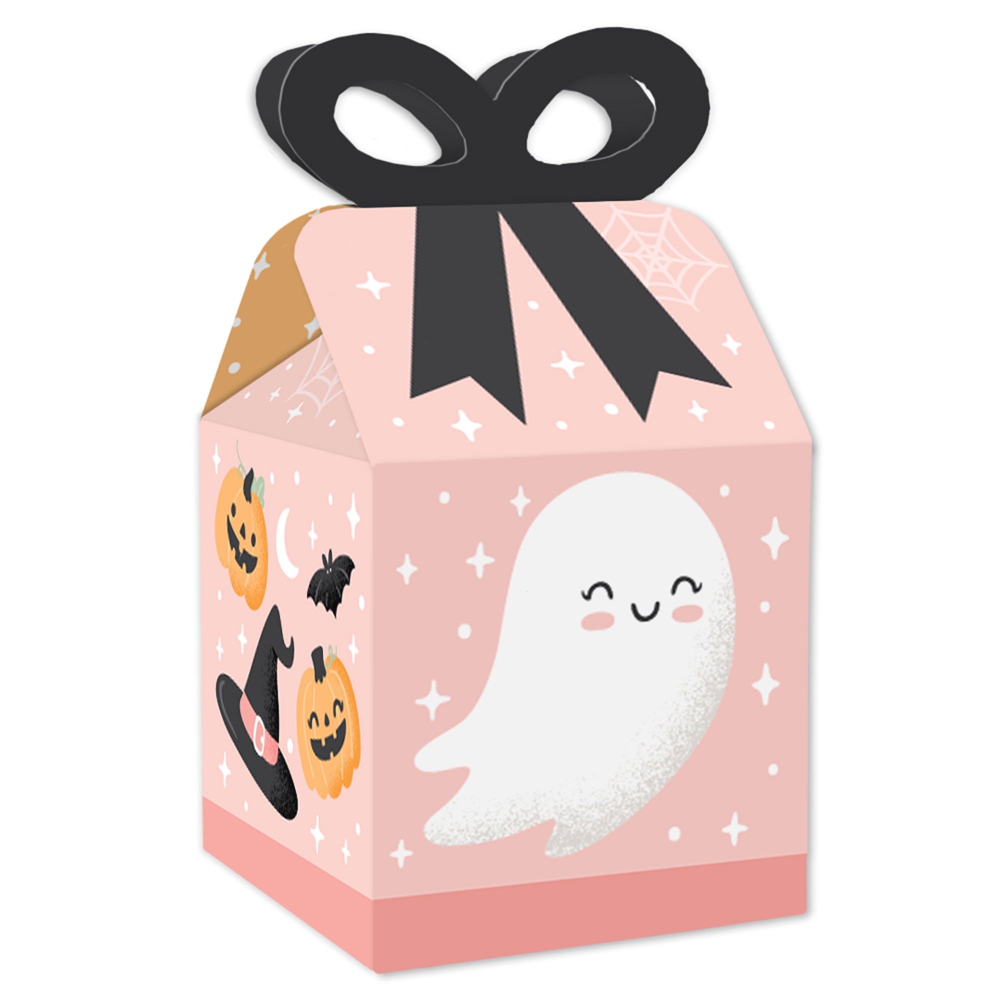 Big Dot of Happiness Pastel Halloween - Square Favor Gift Boxes - Pink Pumpkin Party Bow Boxes - Set of 12