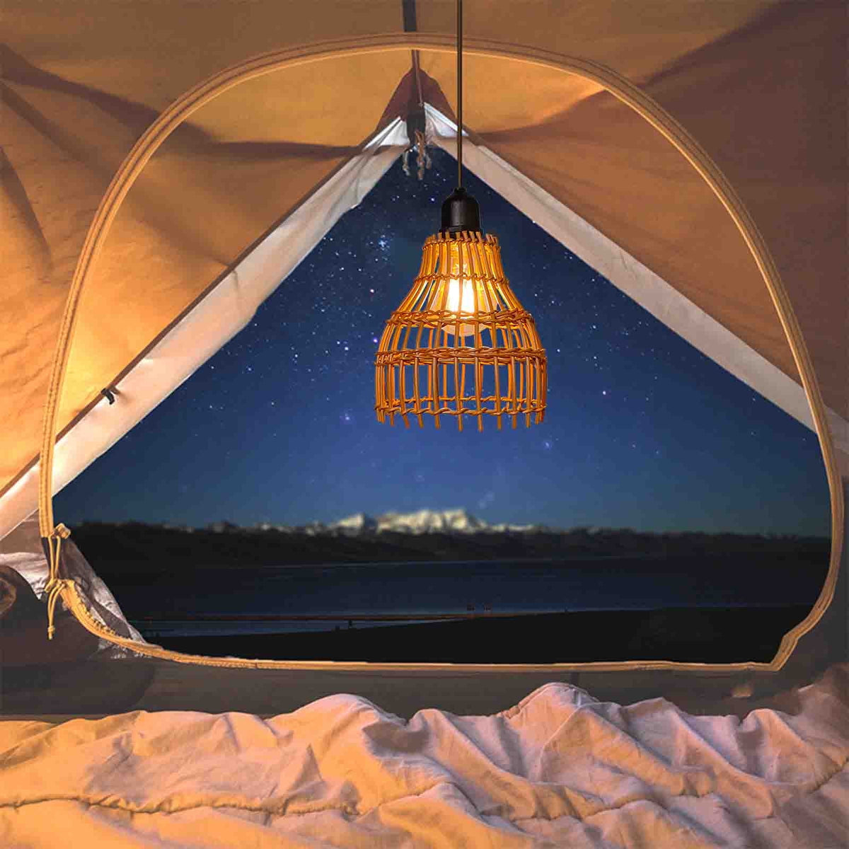 Boho Rattan Pendant Lamp Battery Operated with IP55 Waterproof Rating, Hand-Woven Outdoor Hanging Light for Patio Gazebo Garden Ceiling No Electricity Needed