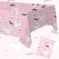 BrandName 1PC Pink Halloween Themed Tablecloth 9.0 x 4.3 ft Halloween Party Table Cover Ghost Bat Skull Spider Web Print Disposable Style Table Decoration for Indoor Outdoor Celebration Supplies