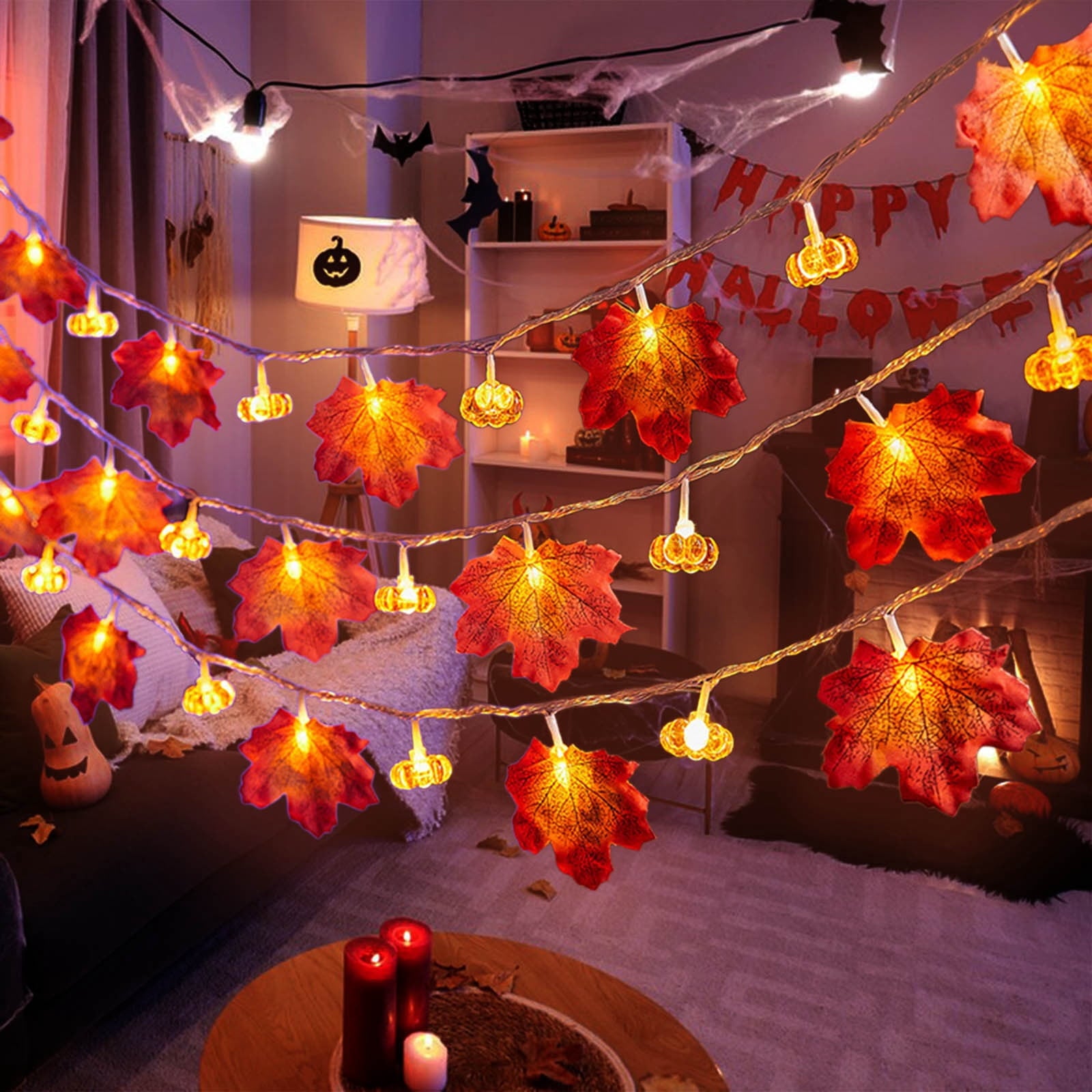 Btomtd 118.11 inch Pumpkin and Maple Leaf Lantern String Light Halloween Thanksgiving Decorative Light for Autumn Festival Porch Pathway or Table Decor, Orange