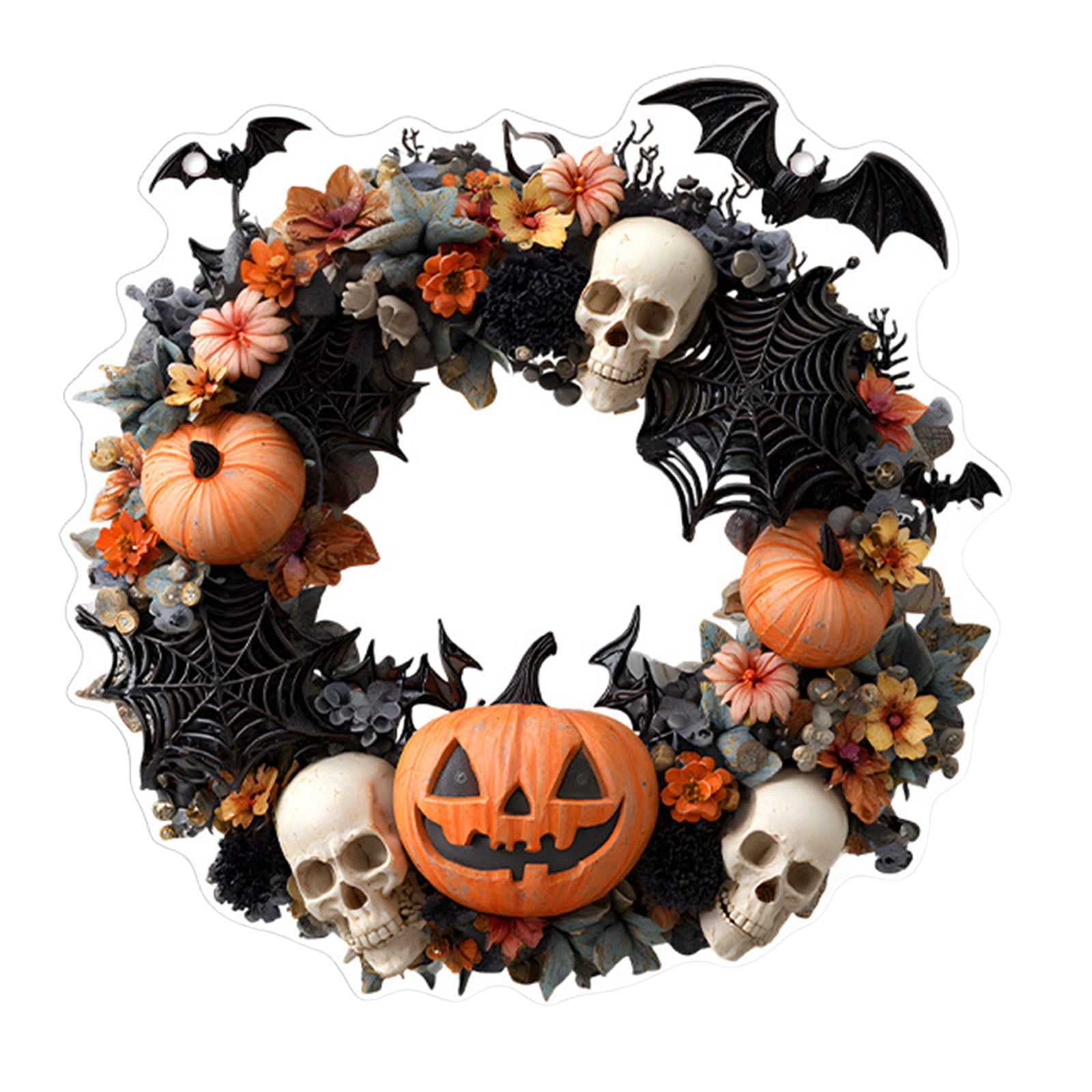 Btomtd Diameter 8" Pumpkin Skull Wreath Halloween Decor Acrylic Round Disk Hanging Ornament with Garland for Front Door Window, B
