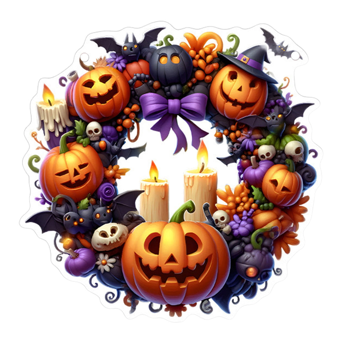 Btomtd Diameter 8" Pumpkin Skull Wreath Halloween Decor Acrylic Round Disk Hanging Ornament with Garland for Front Door Window, A