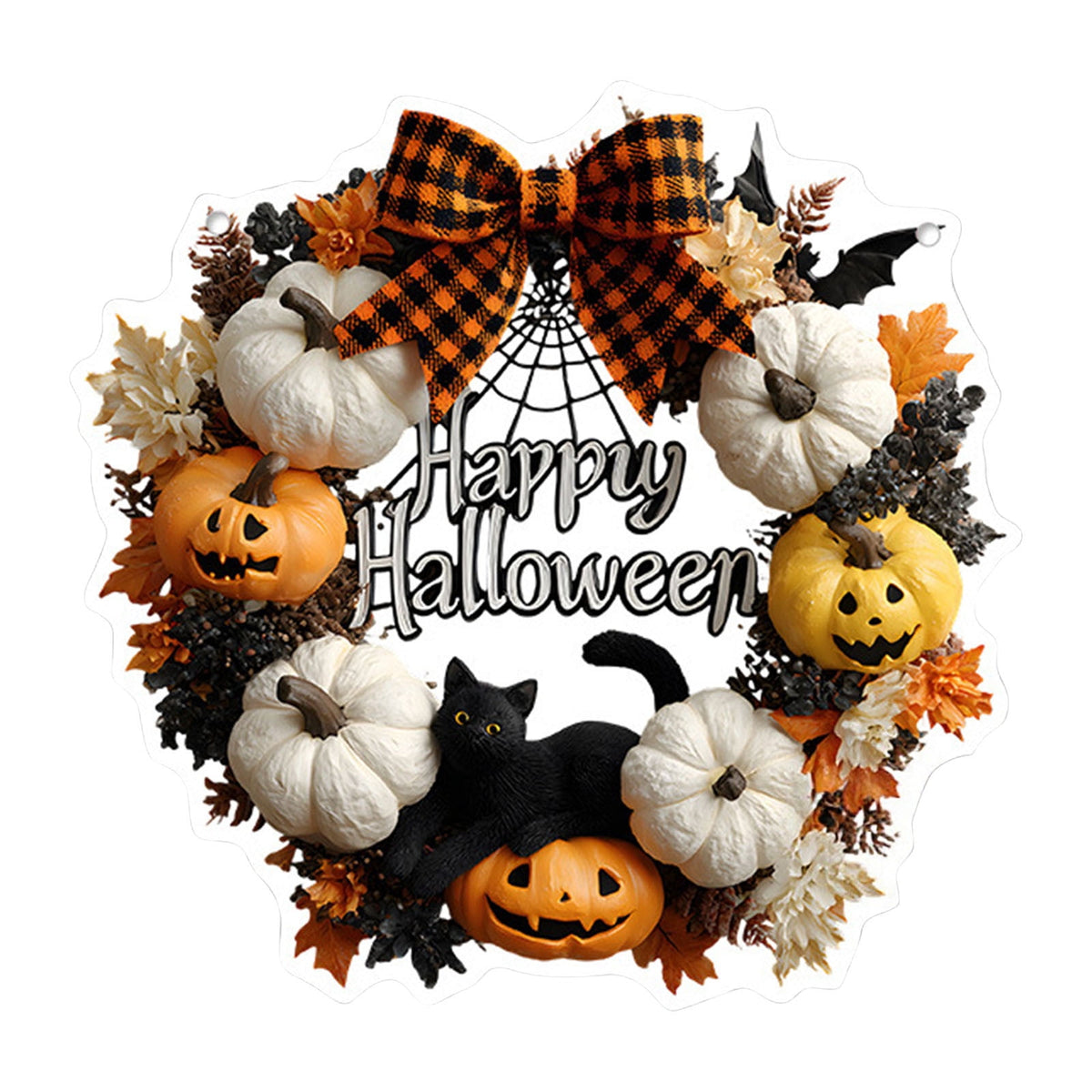 Btomtd Diameter 8" Pumpkin Skull Wreath Halloween Decor Acrylic Round Disk Hanging Ornament with Garland for Front Door Window, B