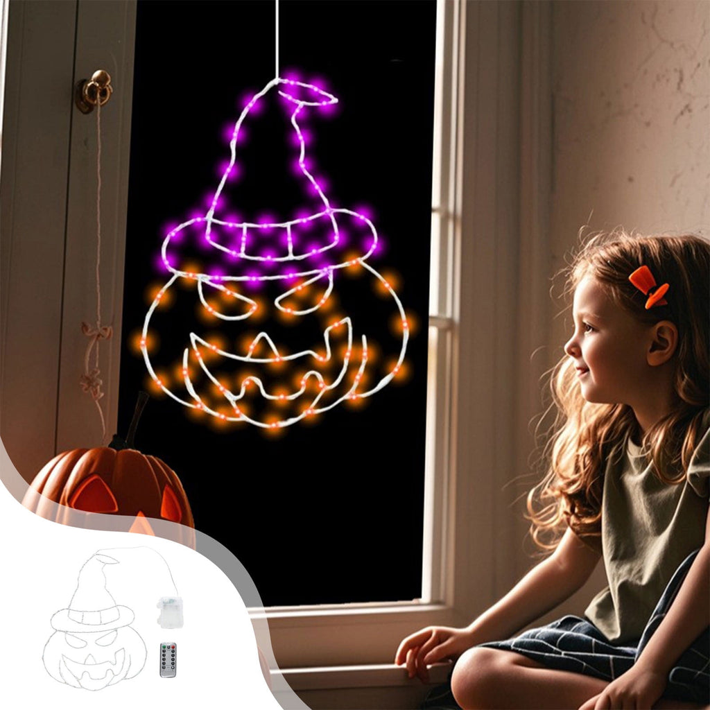 Btomtd Halloween Thanksgiving Window Light Iron Forged Hat and Pumpkin Shape Decorative Light with 8 Modes Remote Control Glowing Indoor Outdoor Holiday Decor, White