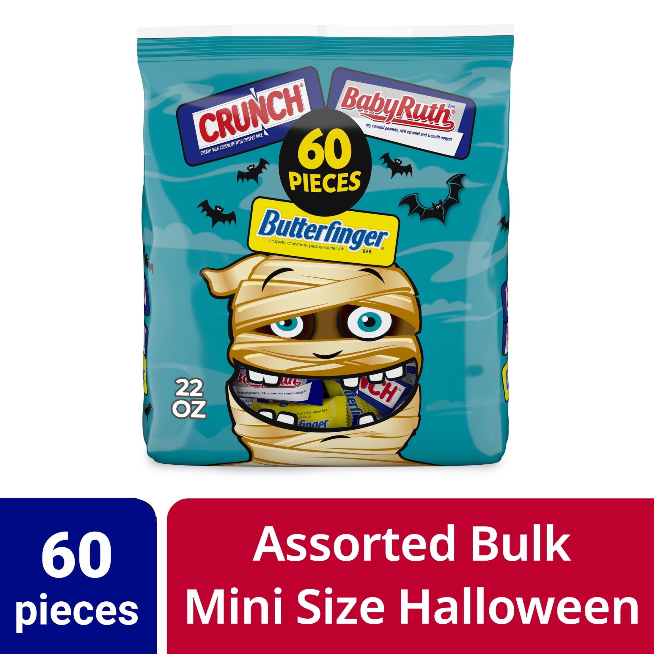 Butterfinger, CRUNCH, Baby Ruth, Assorted Halloween Candy Bag, 60 Count, 22 oz