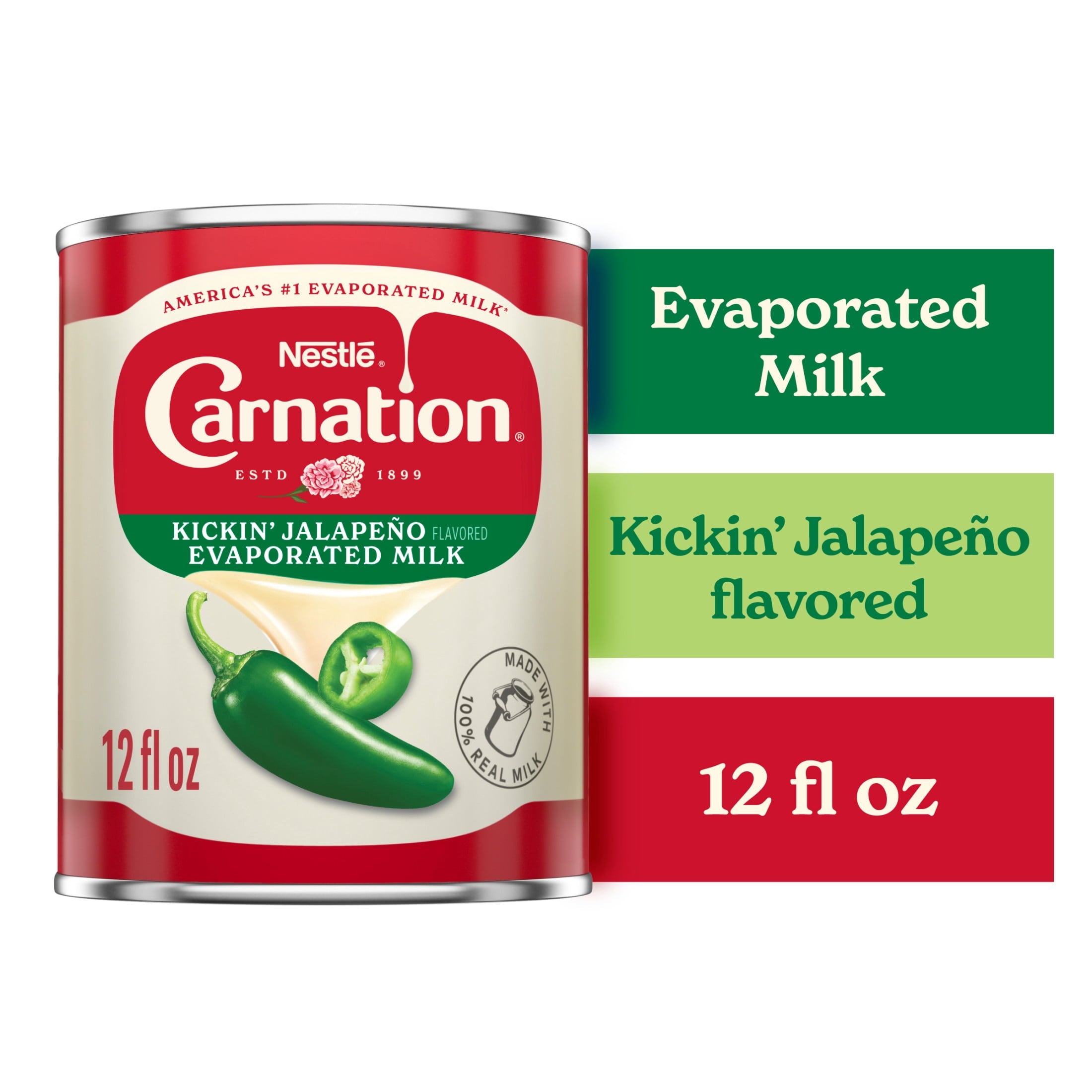 Nestle Carnation Kickin' Jalapeno Flavored Evaporated Milk for Macaroni and Cheese, Shelf Stable Milk, NET 12 fl oz (354 mL)