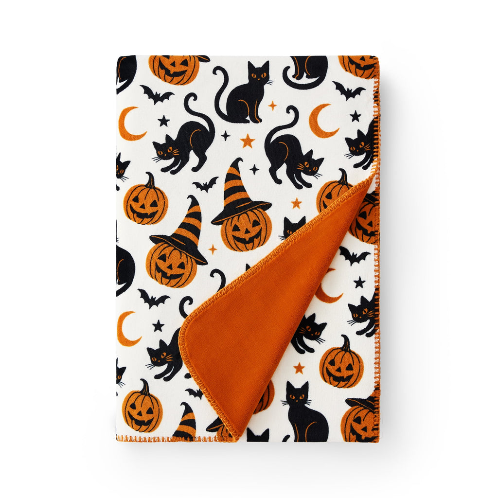 Boo-tique Halloween Plush Soft Oversized Couch Throw Blanket, Cats and Pumpkins, Orange, 50 x 72 in