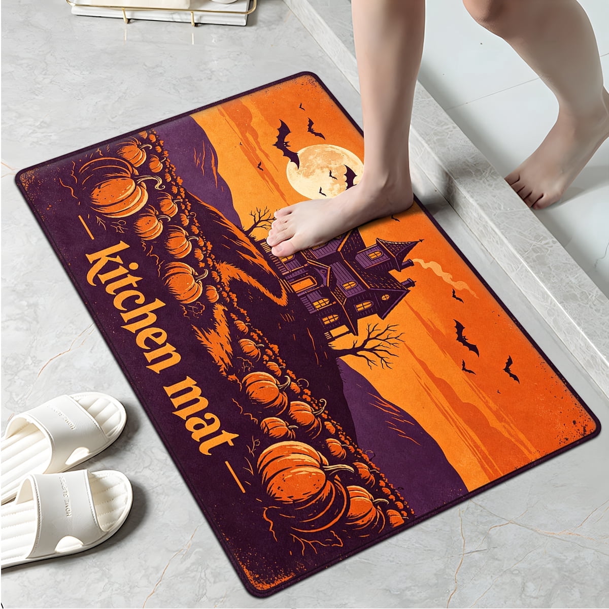 CCTFS Halloween Pumpkin Bat Candy 1Pc Flannel Mat and Kitchen Rugs,Soft Non-slip,Perfect for Home Bathroom