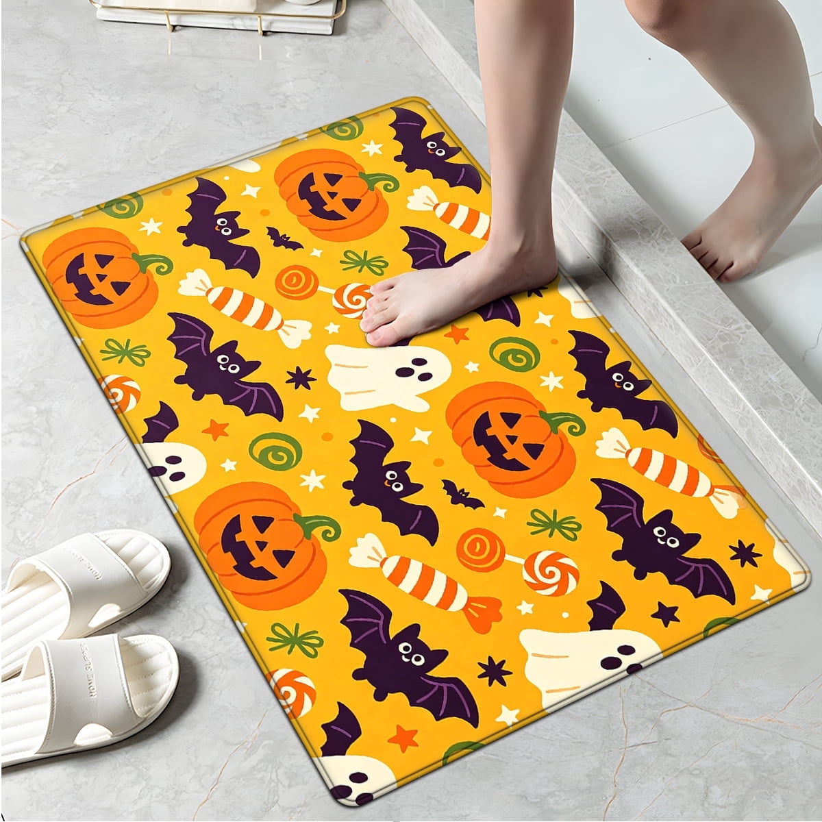CCTFS Halloween Pumpkin Bat Candy 1Pc Flannel Mat and Kitchen Rugs,Soft Non-slip,Perfect for Home Bathroom