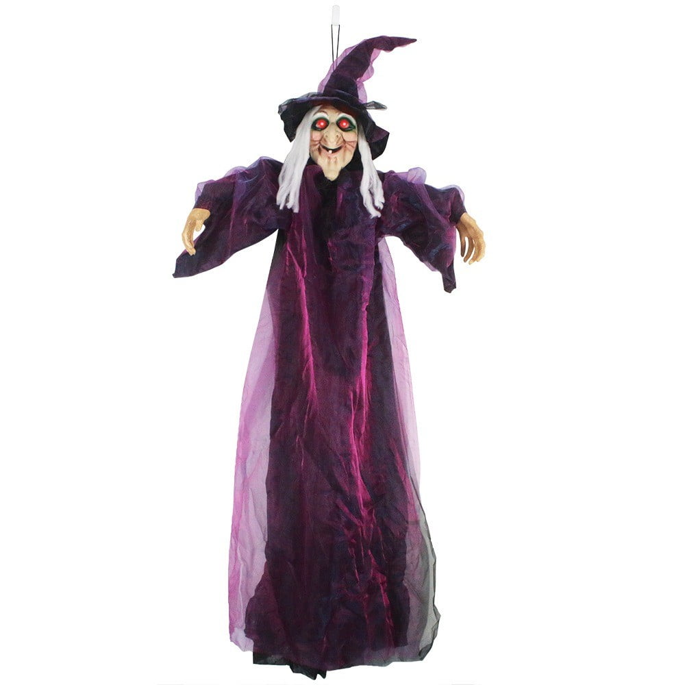 COSTYLE 71" Halloween Hanging Flying Witch, Talking Animated Witch Light Up Eyes Sound Activated, Outdoor Halloween Decorations Haunted House Prop
