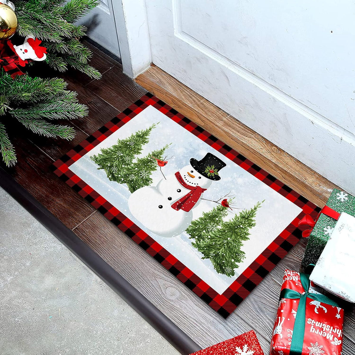 Christmas Snowman Trees Entrance Door Mat, Red Plaid Low Profile Tradition Christmas Decor Welcome Doormat, Non-Slip Carpet Rugs Floor Mat Decorative for Home/Bathroom/Kitchen - 20"x31.5"