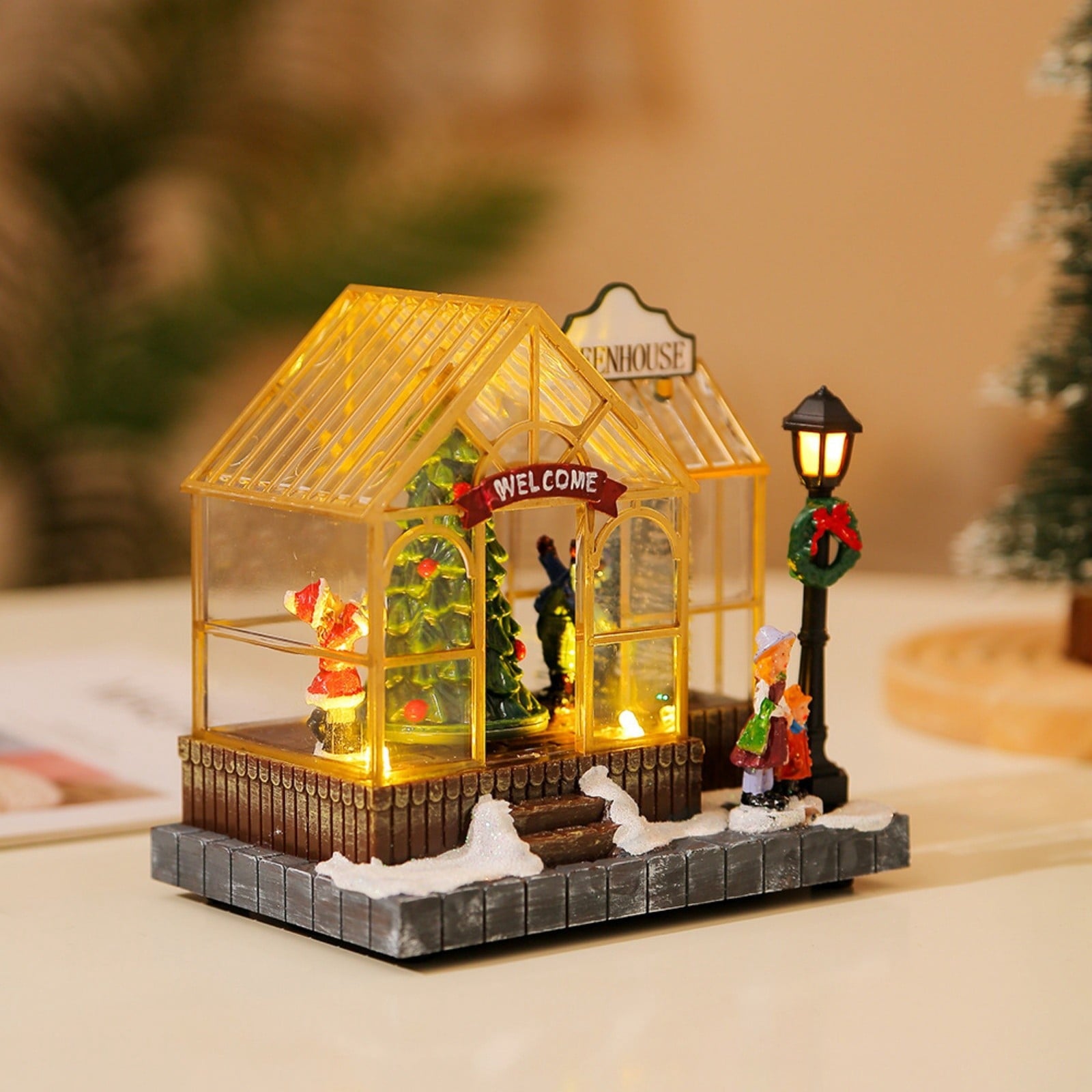Christmas Village Greenhouse 1pc, 5.51in, a Lighted Musical Holiday House with Rotating Tree, Animated Resin Tabletop Decor, a Collectible Xmas Village Building for Home and Mantle Display