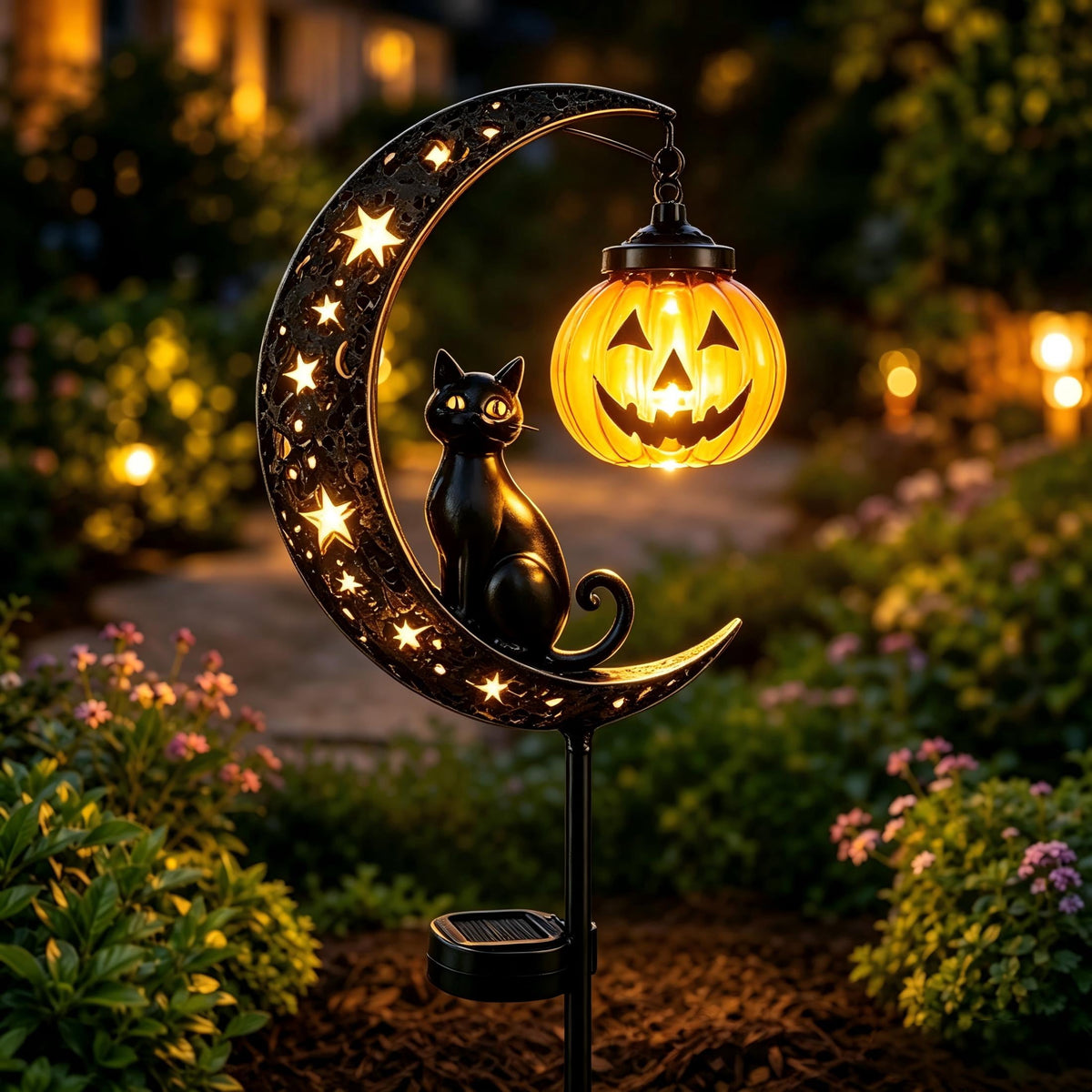 Clearance 35" Halloween Solar Pumpkin Moon Garden Stake Light with Black Cat Outdoor Waterproof LED Yard Decoration Hanging Jack-o'-Lantern for Garden, Patio, Walkway, Porch (C)