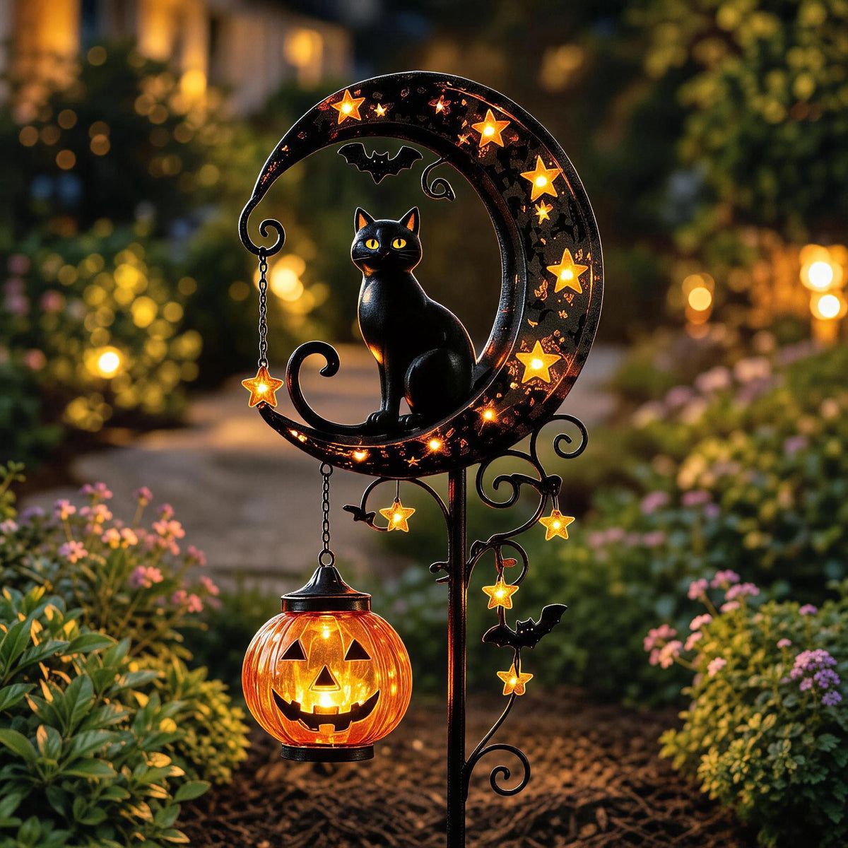 Clearance 35" Halloween Solar Pumpkin Moon Garden Stake Light with Black Cat Outdoor Waterproof LED Yard Decoration Hanging Jack-o'-Lantern for Garden, Patio, Walkway, Porch (C)