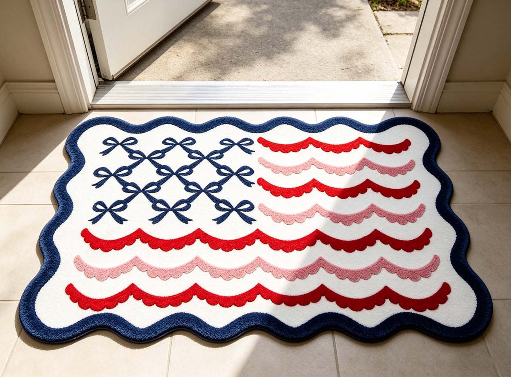 Clearance! 4th of July USA Bow Flag Bath Rugs, 24"x16" Red White Blue Decorative Bathroom Mat, Independence Day Embroidered Patriotic Lumbar Decor, Gift for Mom Dad Friend Family