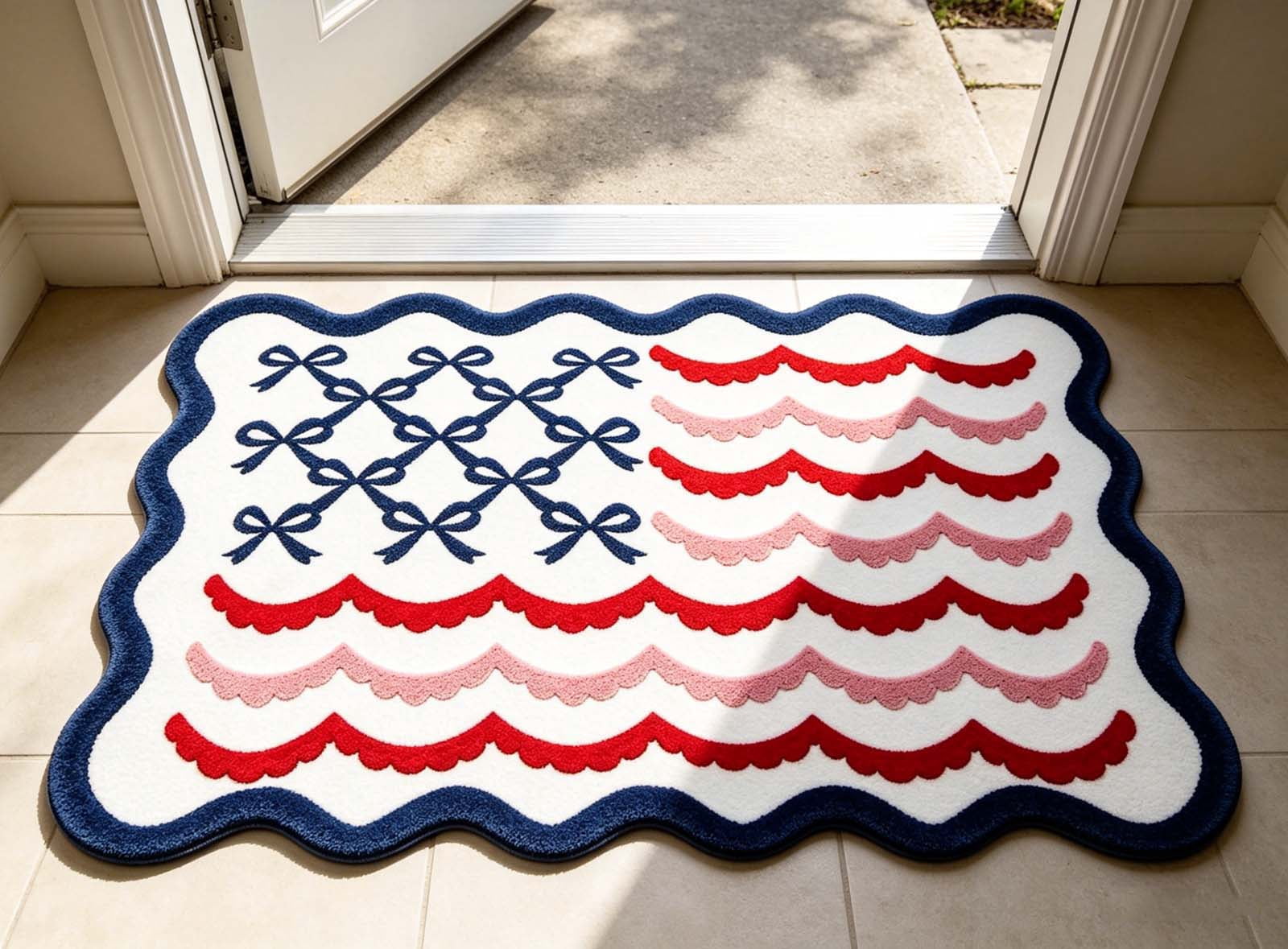 Clearance! 4th of July USA Bow Flag Bath Rugs, 24"x16" Red White Blue Decorative Bathroom Mat, Independence Day Embroidered Patriotic Lumbar Decor, Gift for Mom Dad Friend Family
