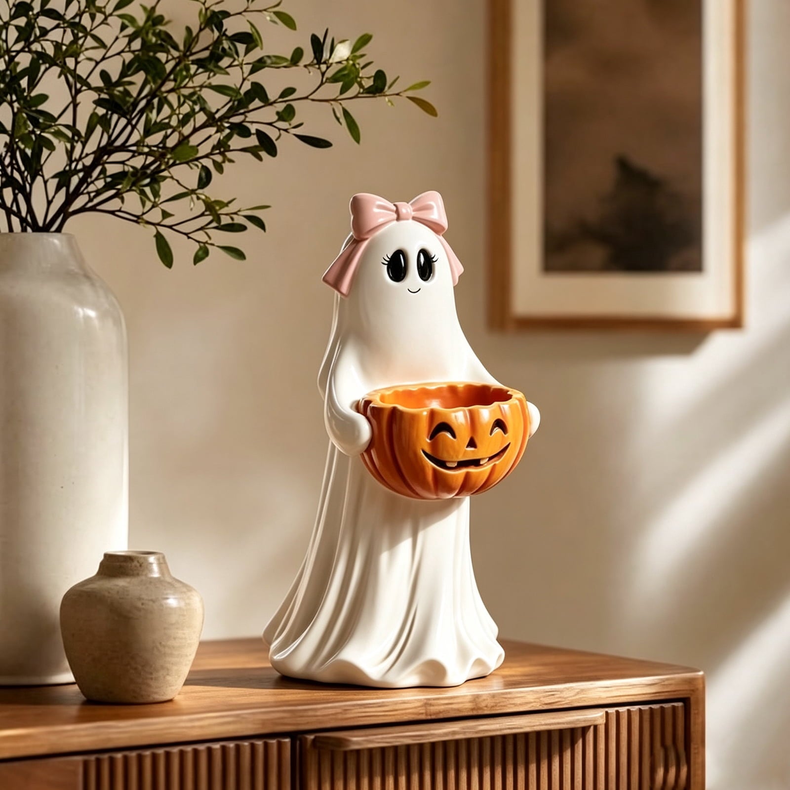 Clearance Halloween Ghost Resin Figurine with Black Cat & Pumpkin Candy Bowl 10“- Cute Spooky Tabletop Decor for Home Mantel, Shelf, and Indoor Fall Display