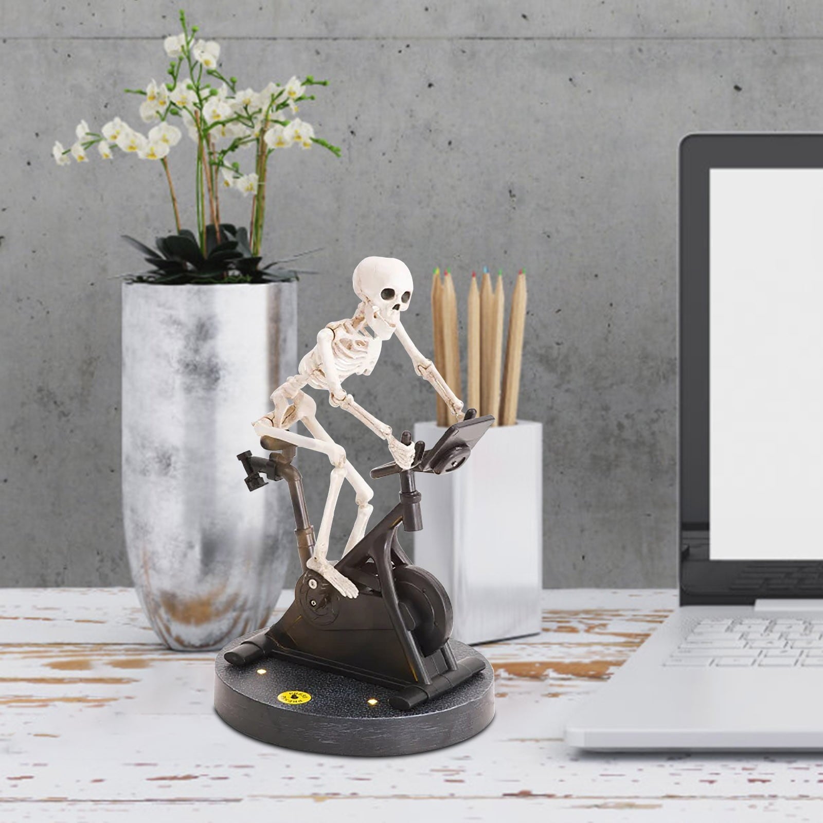 Coollooc Halloween Skeleton, Animated Skeleton Riding Bike 7.8x6 Funny Animatronic Skeleton on Spin Bike Halloween Ornaments, Resin Funny Animatronics Skeleton for Halloween Decor Novelty Gift