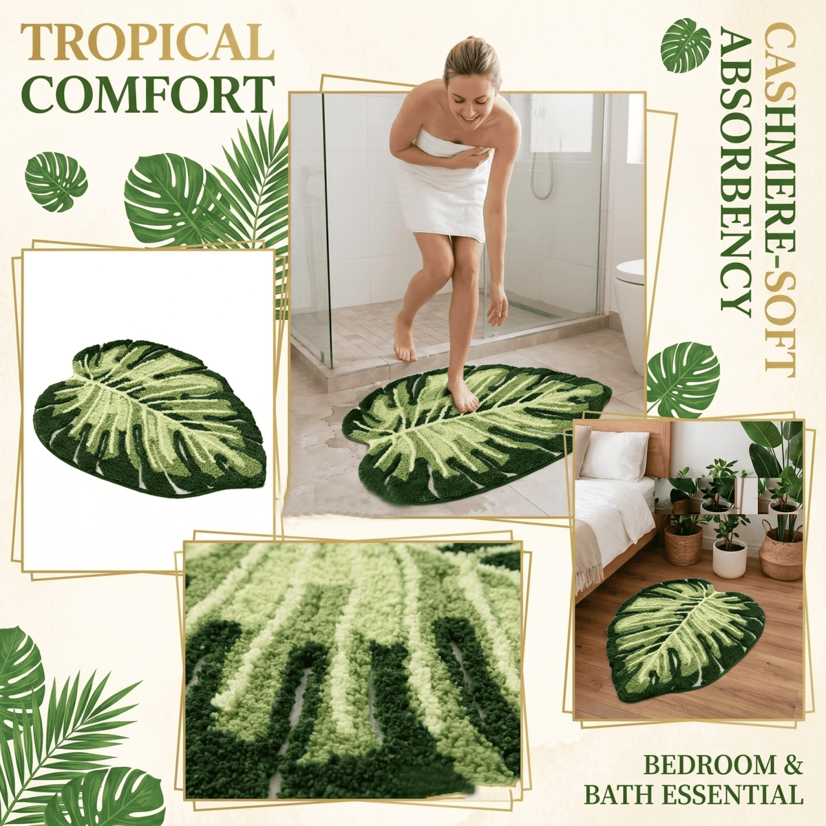 Cute Monstera Bathroom Rugs with Green Leaf Plant, Soft, Fluffy, Plush, Absorbent, Quick Dry, Non Slip, Machine Washable for Shower Floor, Bathroom, Bedroom,Home Decor and Accessories 24x16 Inches