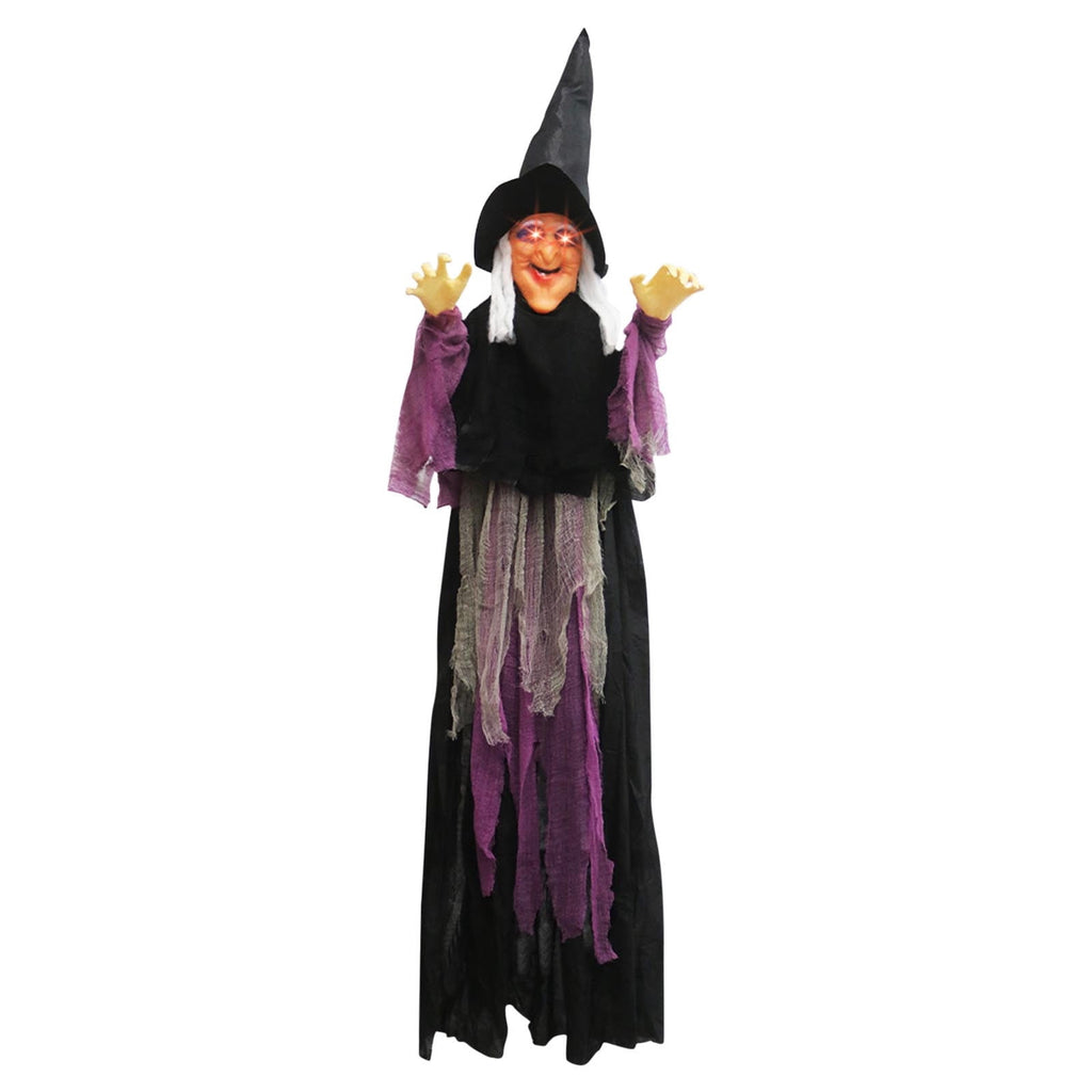 DAMAI 5.9 FT Hanging Witch Halloween Decorations Outdoor,Hanging Witch Halloween Decor,Giant Animated Standing Talking Witch with Red Eyes,Flying Witch Standing Decor for Haunted House Props
