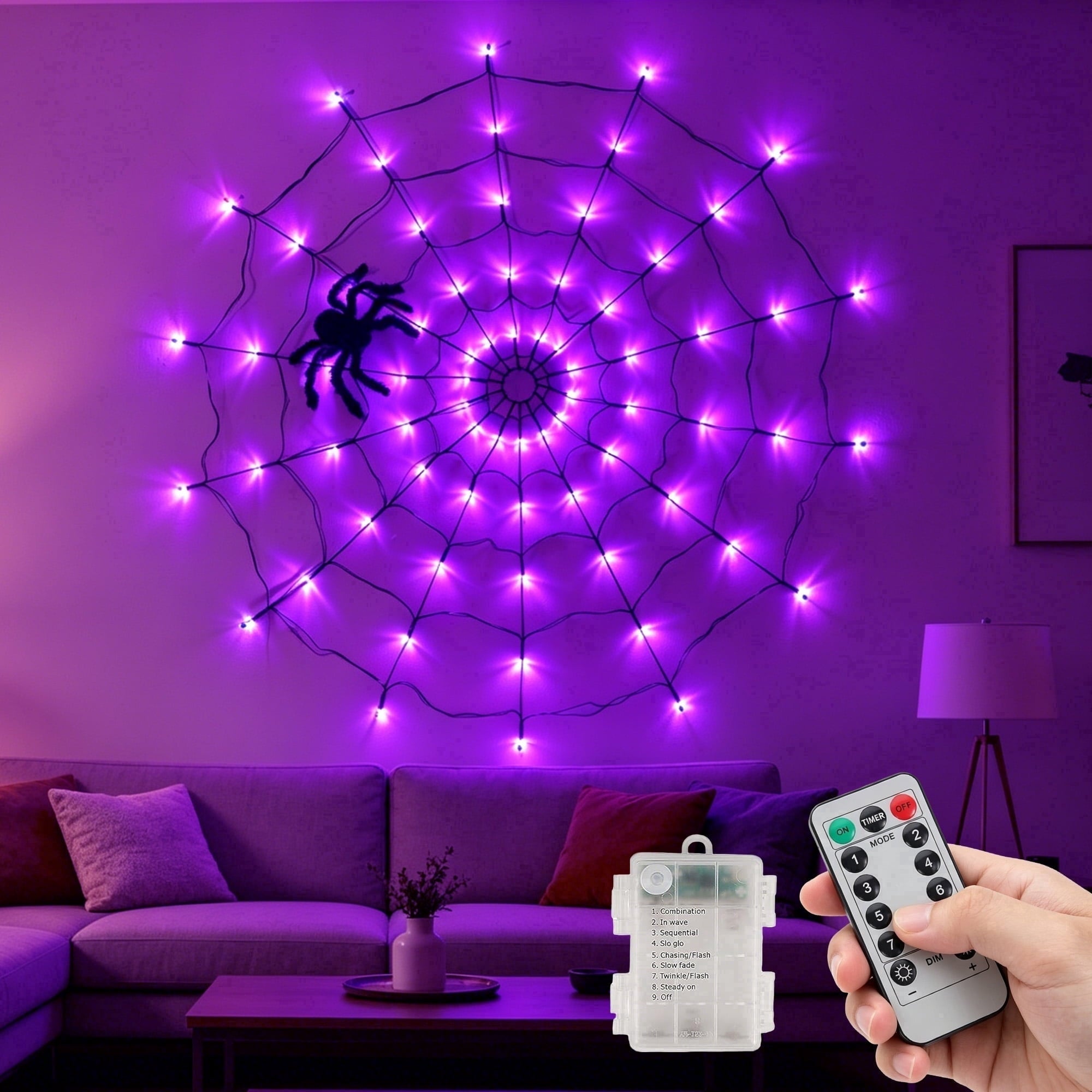 DAYBETTER Halloween Spider Web Lights, 4FT Purple LEDs with Hairy Black Spider, Remote Control, Waterproof for Indoor, Outdoor, Halloween Decor