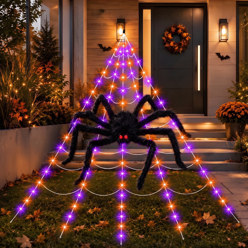 DAYBETTER Halloween Spider Web Lights, 5FT Giant Spider, 250 LED Holiday Lights, Remote Control Waterproof for Indoor Outdoor Yard Party Halloween Decorations (Purple & Orange)