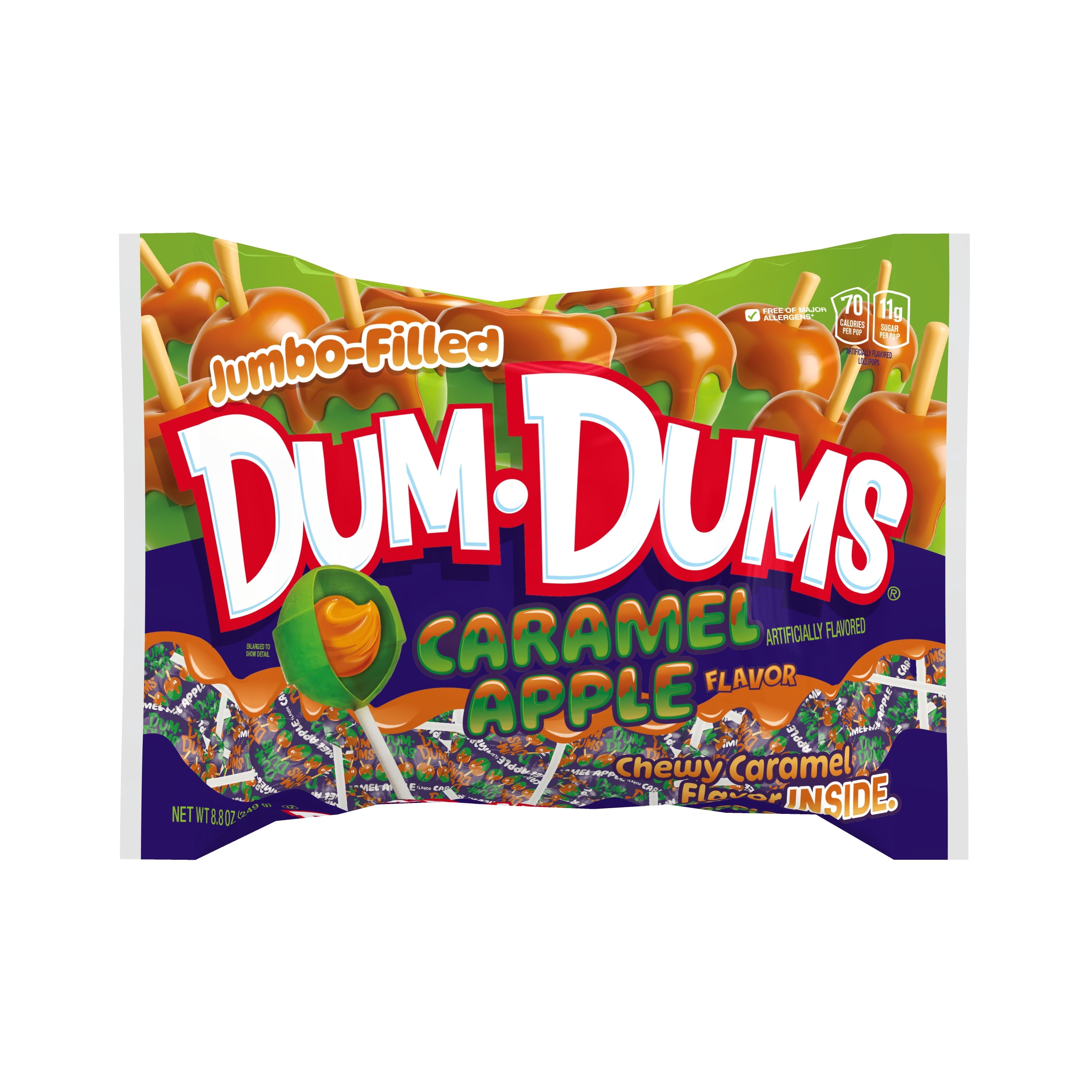 Dum Dums Jumbo Caramel Apple Flavored Lollipops, Filled Halloween Candy, 8.8 oz Bag