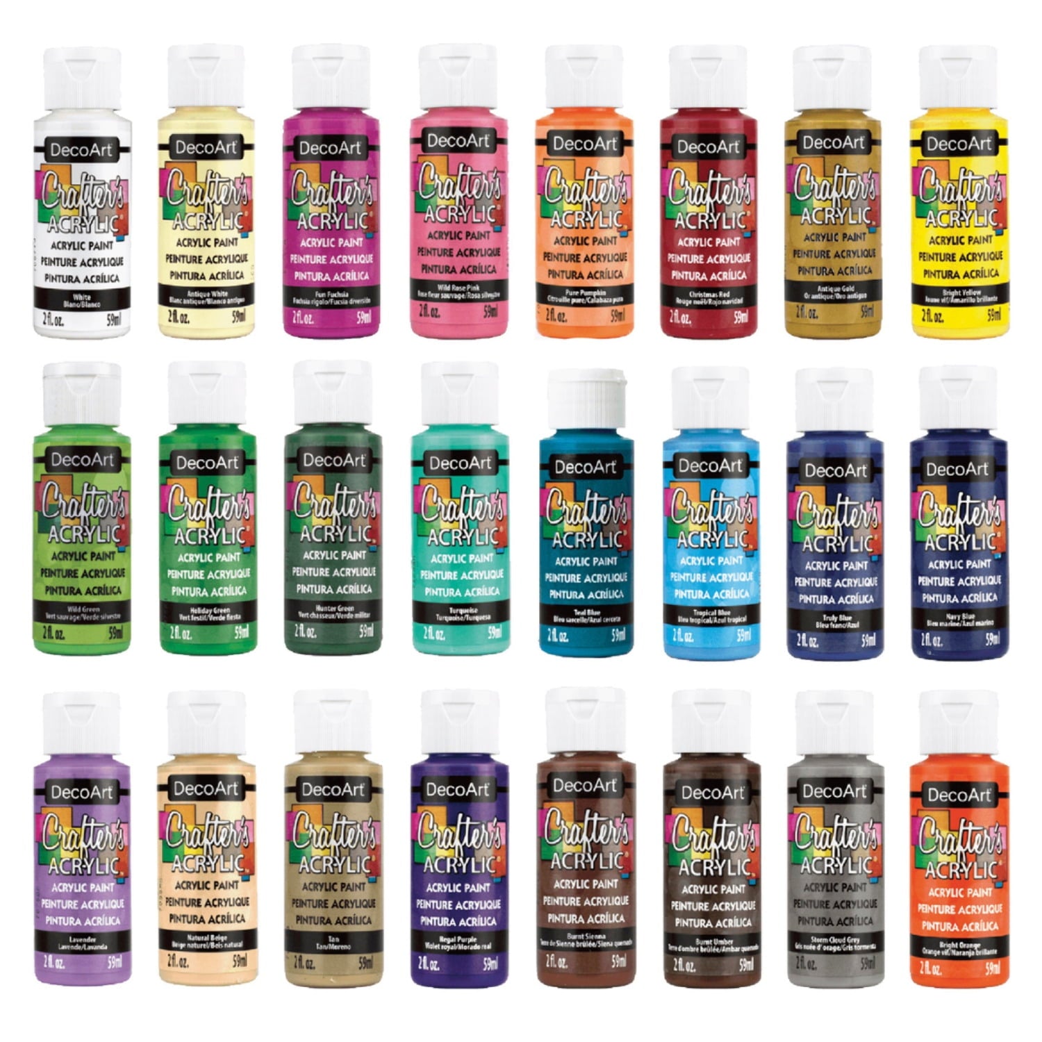 DecoArt Crafter’s Acrylic Paint Set, 24 Pieces, Essential Colors, 2 fl oz Each