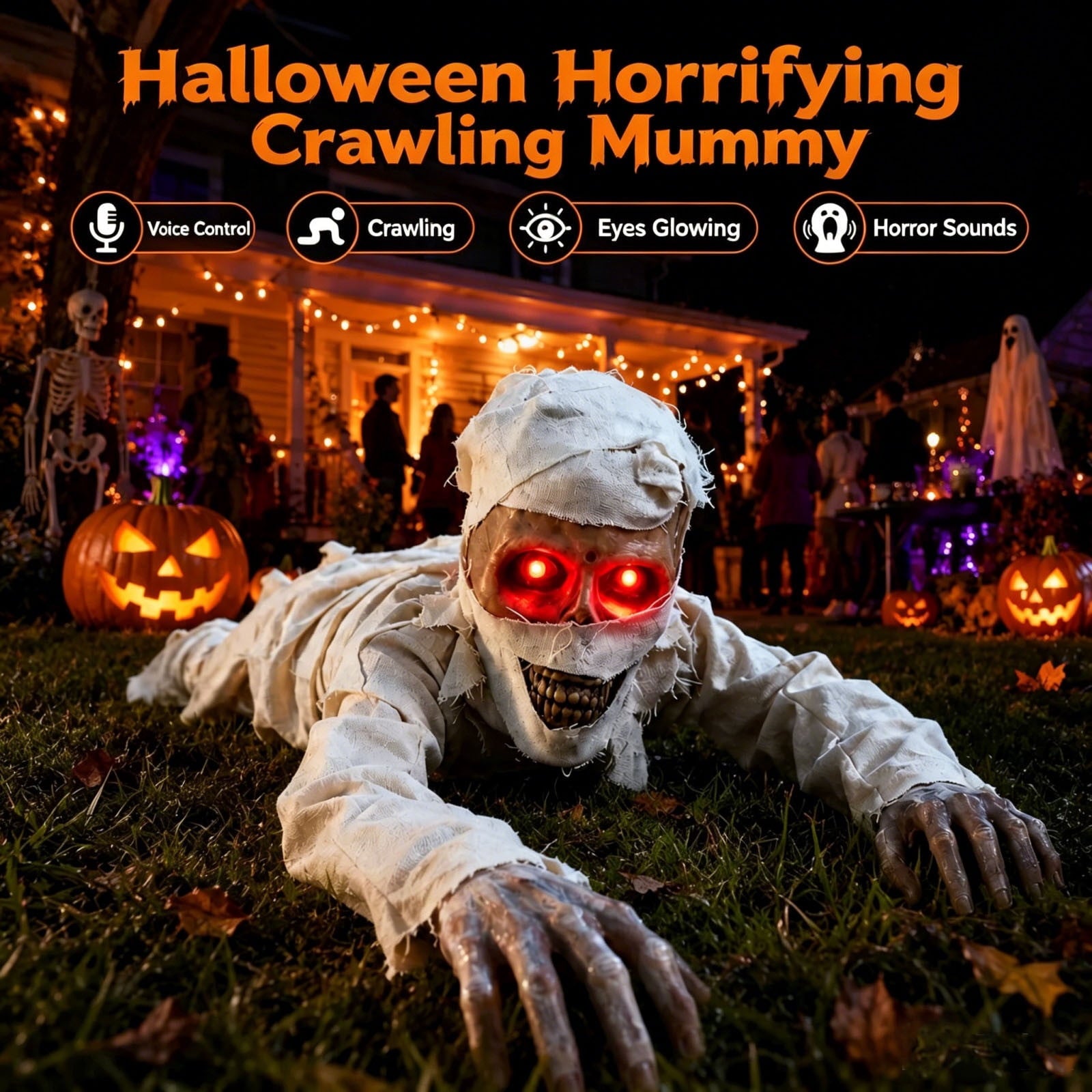 Diceymbol Animated Crawling Ghost Halloween Prop with Sound and Red Light Up Eyes for Yard Porch Party Decor 17 Inch