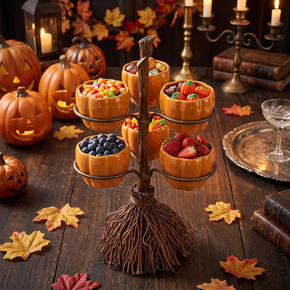 Diceymbol Halloween Pumpkin Snack Bowl Stand Collapsible Broomstick Candy Tray for Cupcakes & Desserts, Resin Serving Platter with Ceramic Pumpkin Bowls