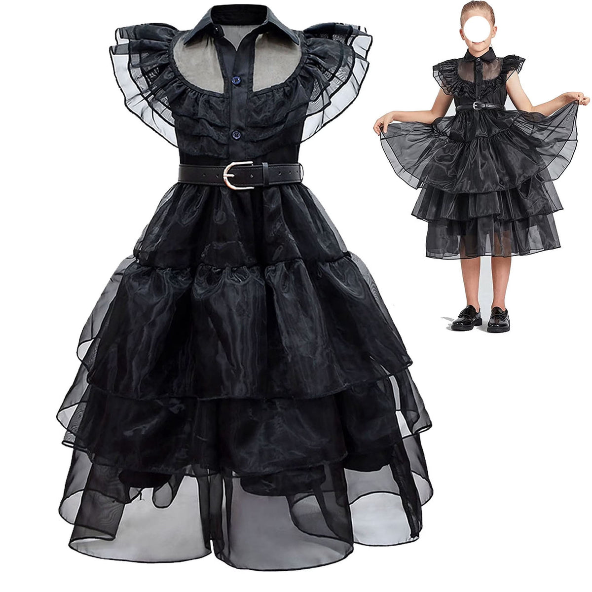 Little Girls Black Dress Halloween Cosplay Party Costume+Wig