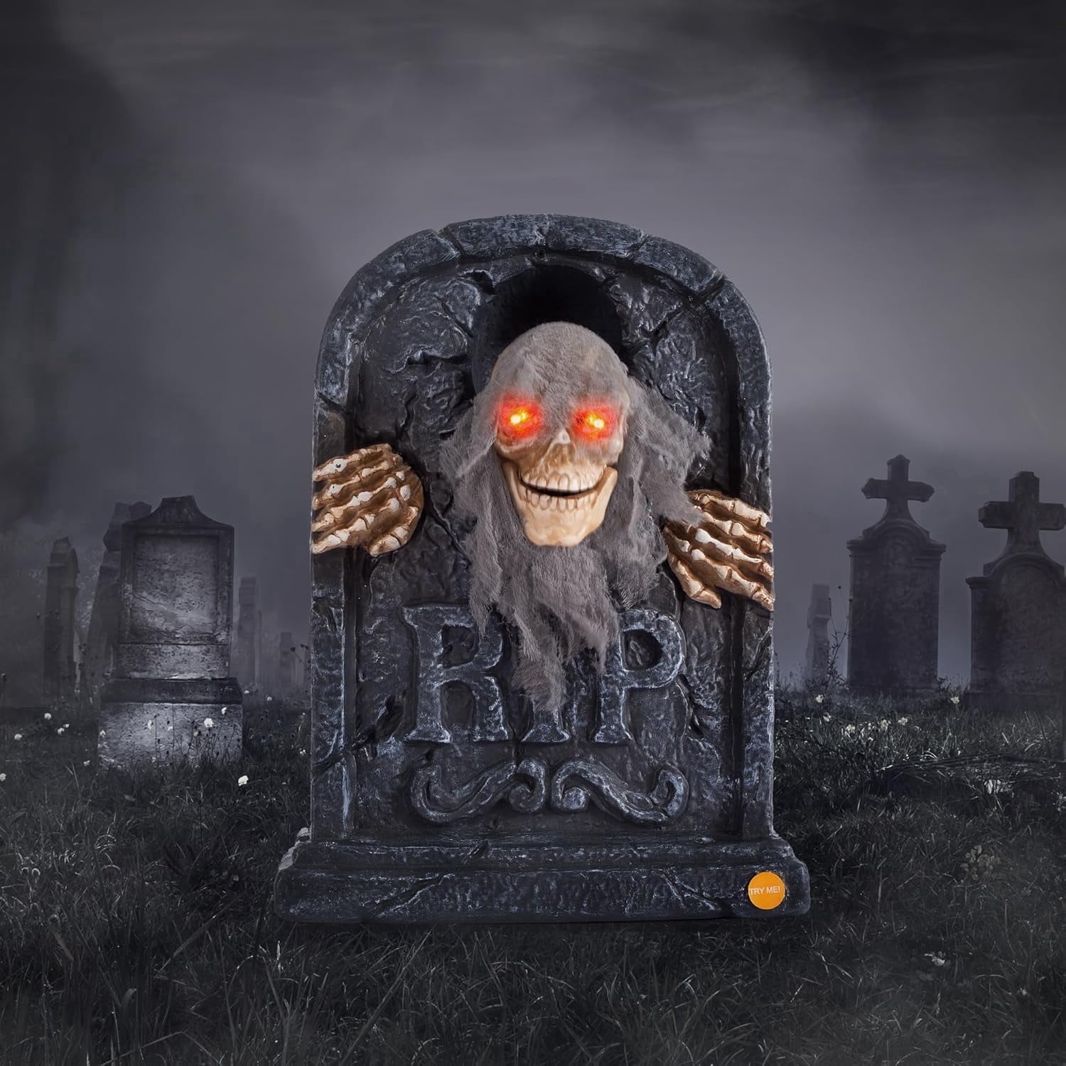 ELAMAS Halloween Animated Zombie Tombstone - Animatronic Skeleton Decorations with Sensor Activated, Creepy Voice, Spooky Skull head, Light Up Eyes, Scary Motion, Horror Prop for Indoor/Outdoor