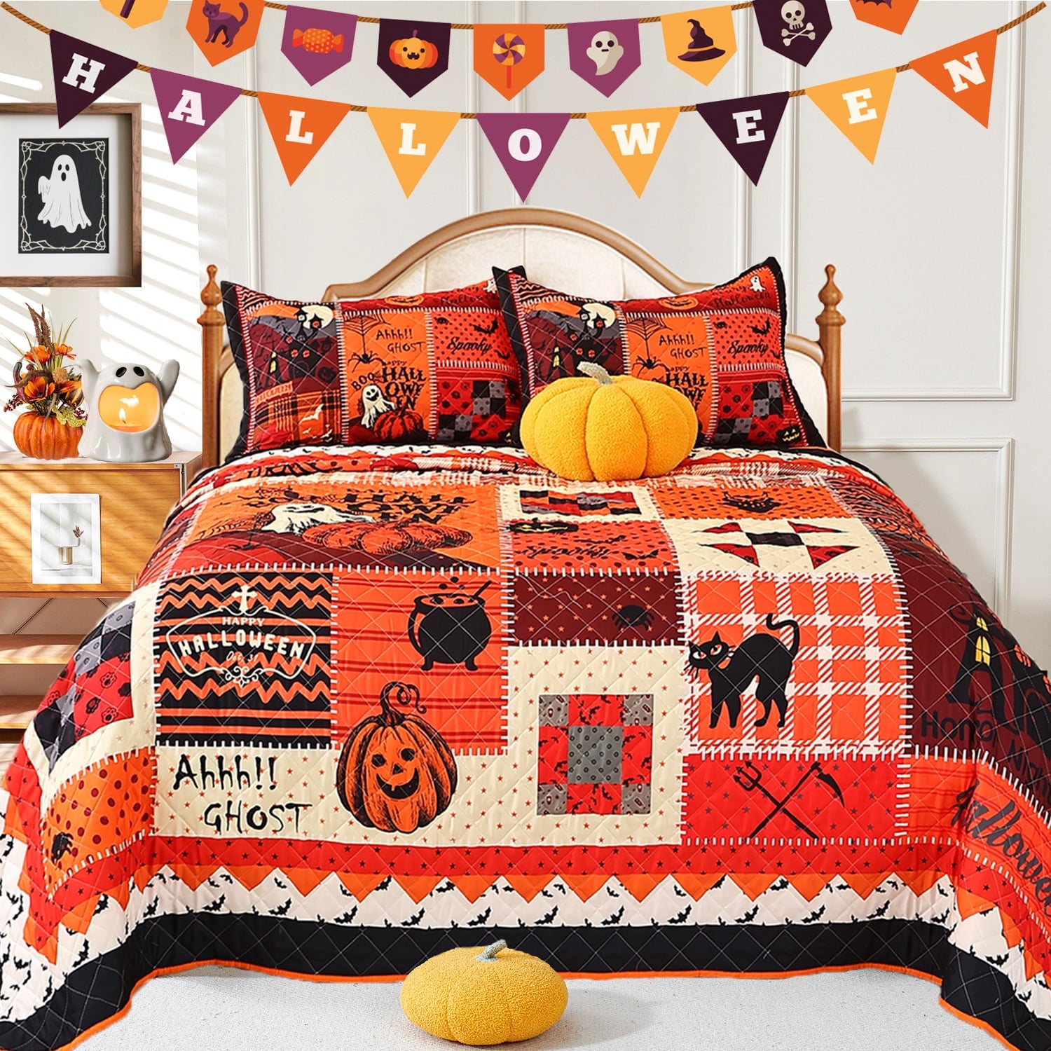 Evenhug Halloween Quilt Set,3-Piece Queen Size Bat Crow Pumpkin Halloween Themed Bedding Set Reversible Coverlet Set with 2 Pillow Shams