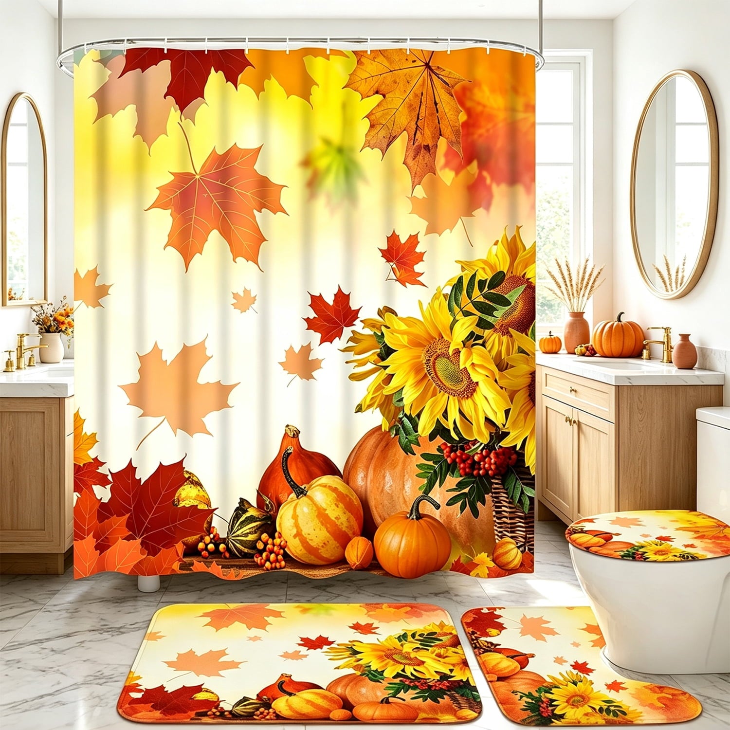 FRAMICS 16-Piece Fall Shower Curtain Sets with Rugs, Maple Leaves Pumpkin Bathroom Sets, Waterproof Fabric Bathroom Curtain Decor with Hooks