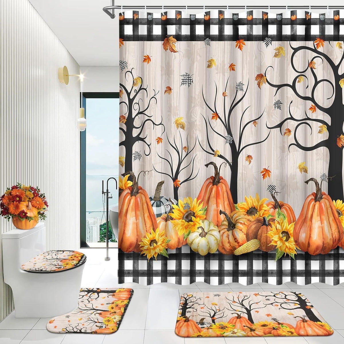 FRAMICS 16-Piece Fall Shower Curtain Sets with Rugs, Maple Leaves Pumpkin Bathroom Sets, Waterproof Fabric Bathroom Curtain Decor with Hooks