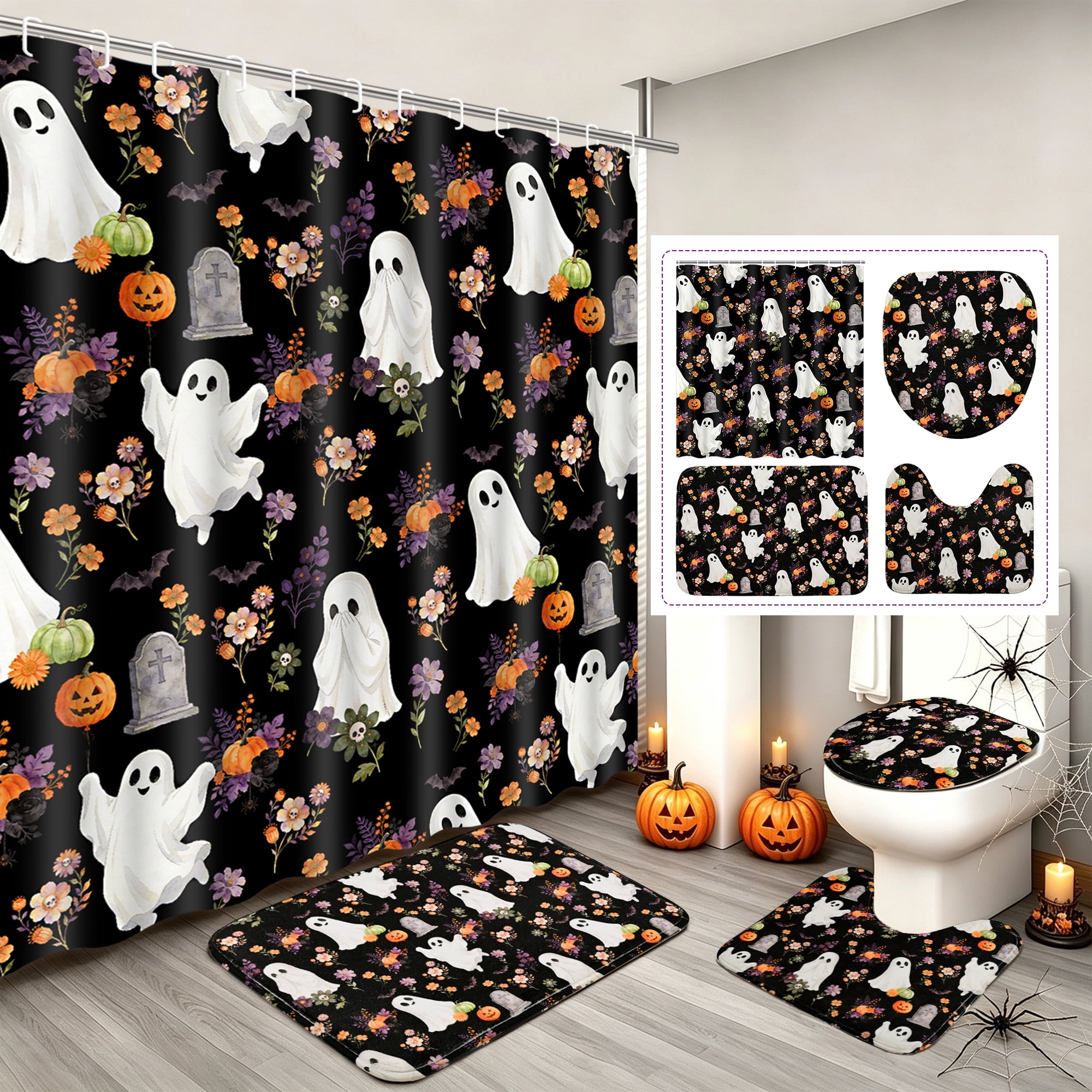 FRAMICS Halloween Shower Curtain Sets with Rugs, 16 Pc Pumpkin Spooky Ghost Bathroom Sets, Black Waterproof Fabric Shower Curtain with 12 Hooks and Toilet Rugs