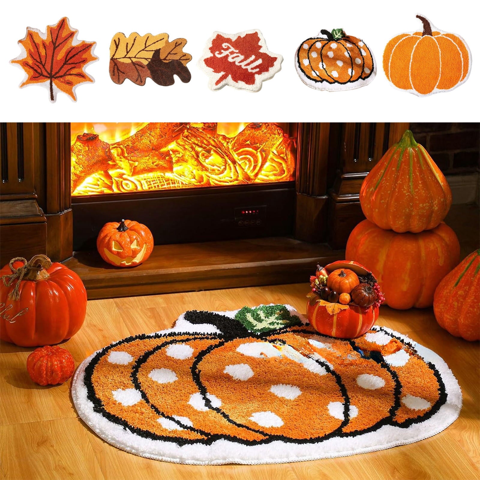 Fall Area Rug Maple Leaf Pumpkin Imitation Wool Mat 27.56x27.56in Polyester Skidproof & Soft for Living Room Bedroom Entryway Fall Doormat by MPOISVA
