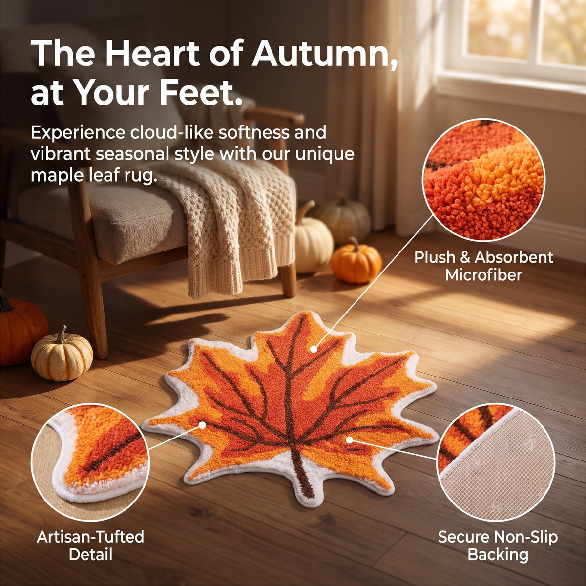Fall Area Rug Maple Leaf Pumpkin Imitation Wool Mat 27.56x27.56in Polyester Skidproof & Soft for Living Room Bedroom Entryway Fall Doormat by MPOISVA