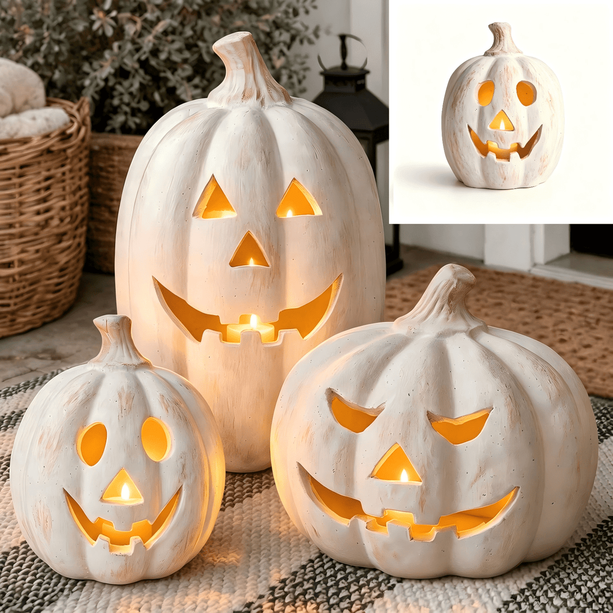 Fall Decorations for Home - Halloween Decor Indoor - 7.87" H White Handmade Resin Pumpkin Jack O' Lantern with Flameless Candle - Outdoor Decoration for Front Door Porch Mantel Kitchen Living Room