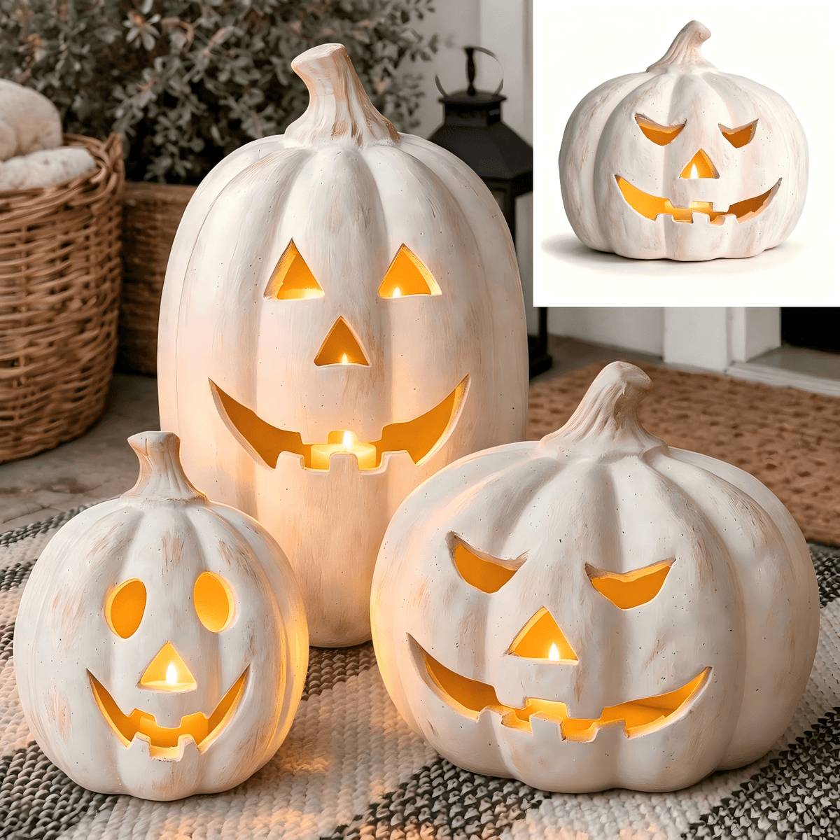 Fall Decorations for Home - Halloween Decor Indoor - 7.87" H White Handmade Resin Pumpkin Jack O' Lantern with Flameless Candle - Outdoor Decoration for Front Door Porch Mantel Kitchen Living Room