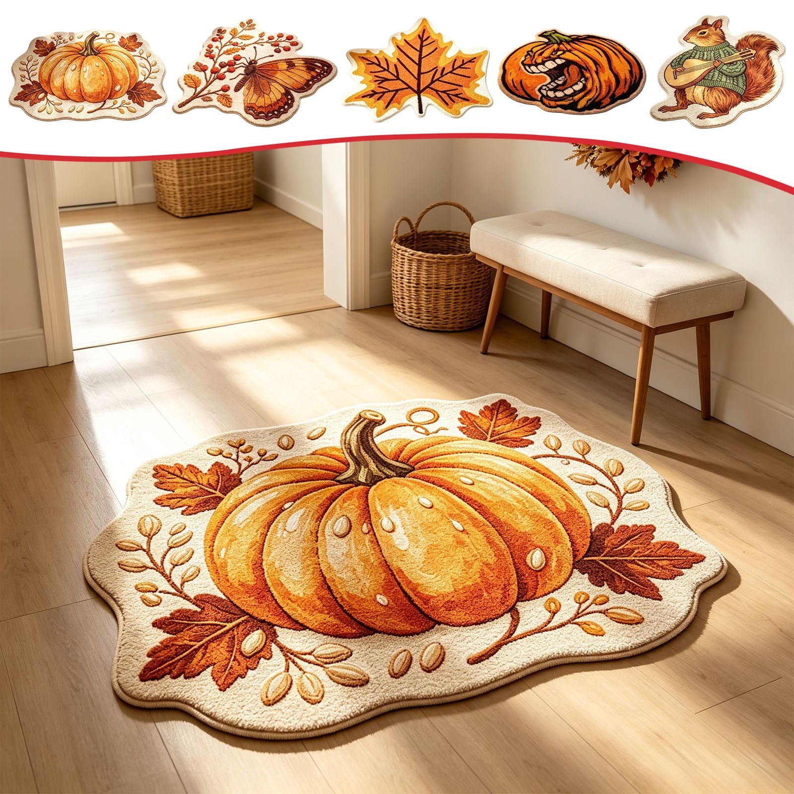 Fall Area Rug Maple Leaf Pumpkin Imitation Wool Mat 27.56x27.56in Polyester Skidproof & Soft for Living Room Bedroom Entryway Fall Doormat by MPOISVA