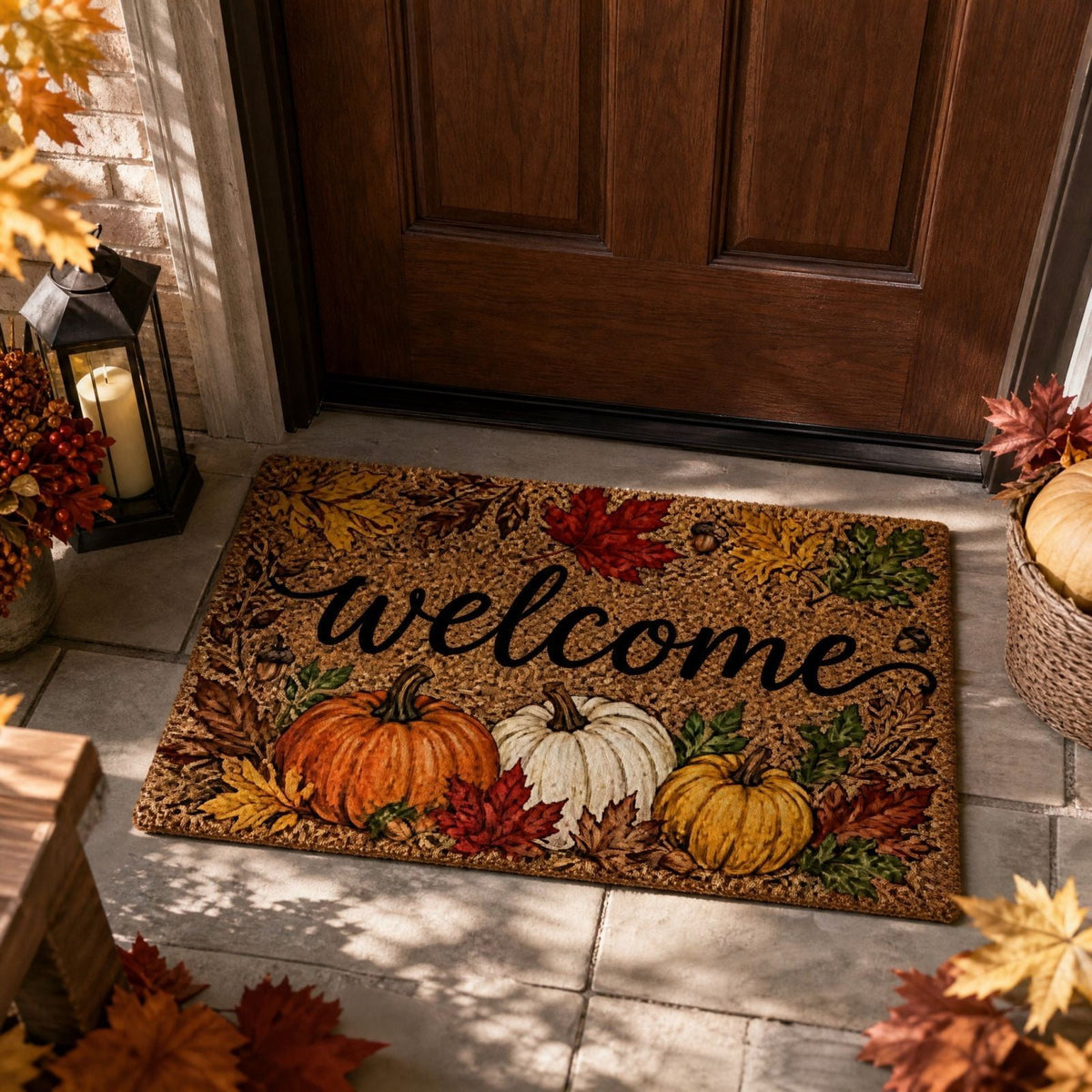 Fall Thanksgiving Welcome Doormat with Pumpkin Maple Leaf Design 15.75 x 23.62 Inch Crystal Velvet Seasonal Rug for Entryway Kitchen Home Decor