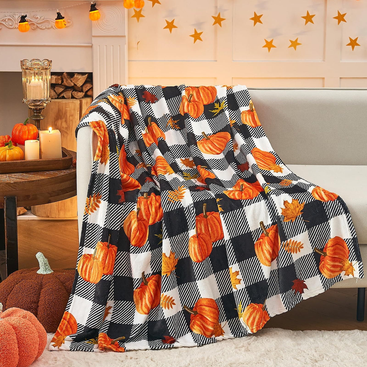 FastXmas Halloween Throw Blanket, 30"x40" Flannel Fleece Pumpkins Maple Checkered Plush Blanket, Soft Lightweight Skin-Friendly Fall Harvest Decorative Throw Blanket for Couch Sofa Bed Outdoor