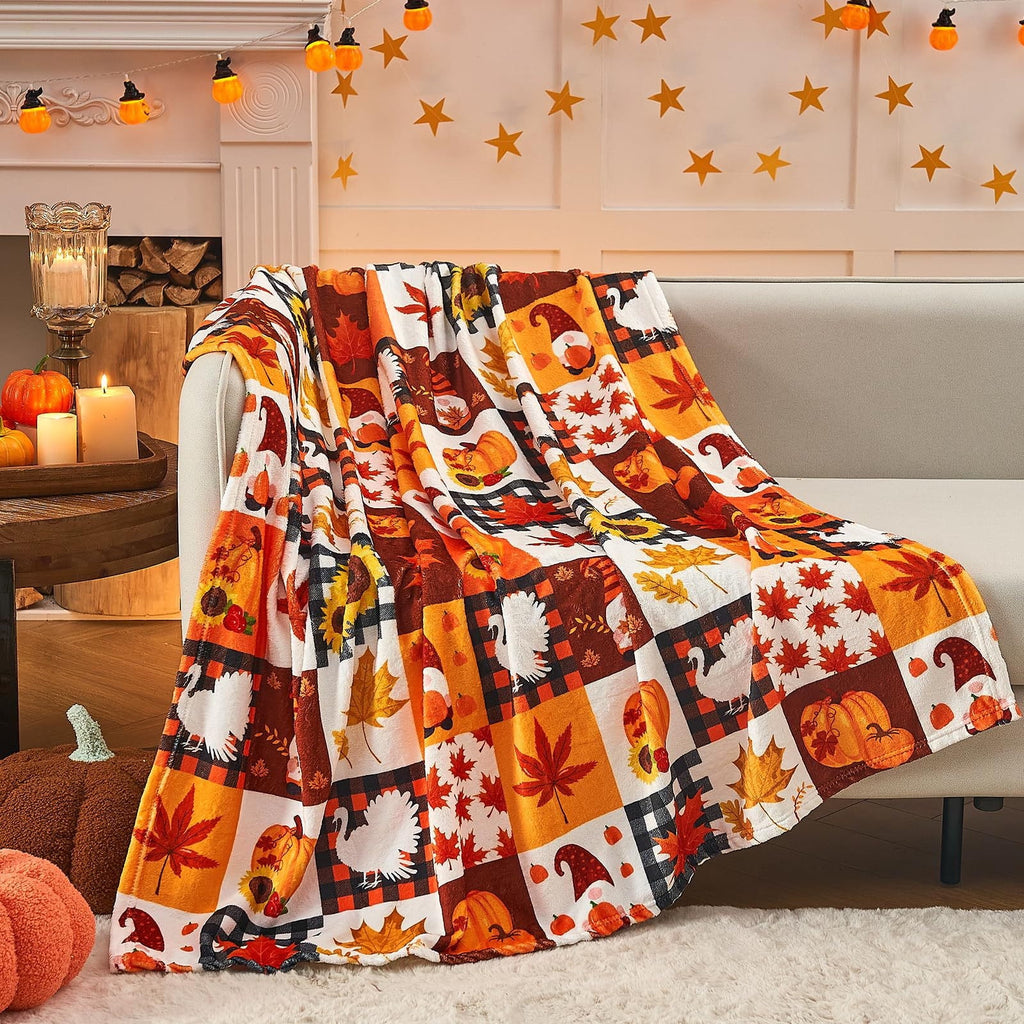 FastXmas Halloween Throw Blanket, 30"x40" Flannel Fleece Pumpkins Maple Checkered Plush Blanket, Soft Lightweight Skin-Friendly Fall Harvest Decorative Throw Blanket for Couch Sofa Bed Outdoor