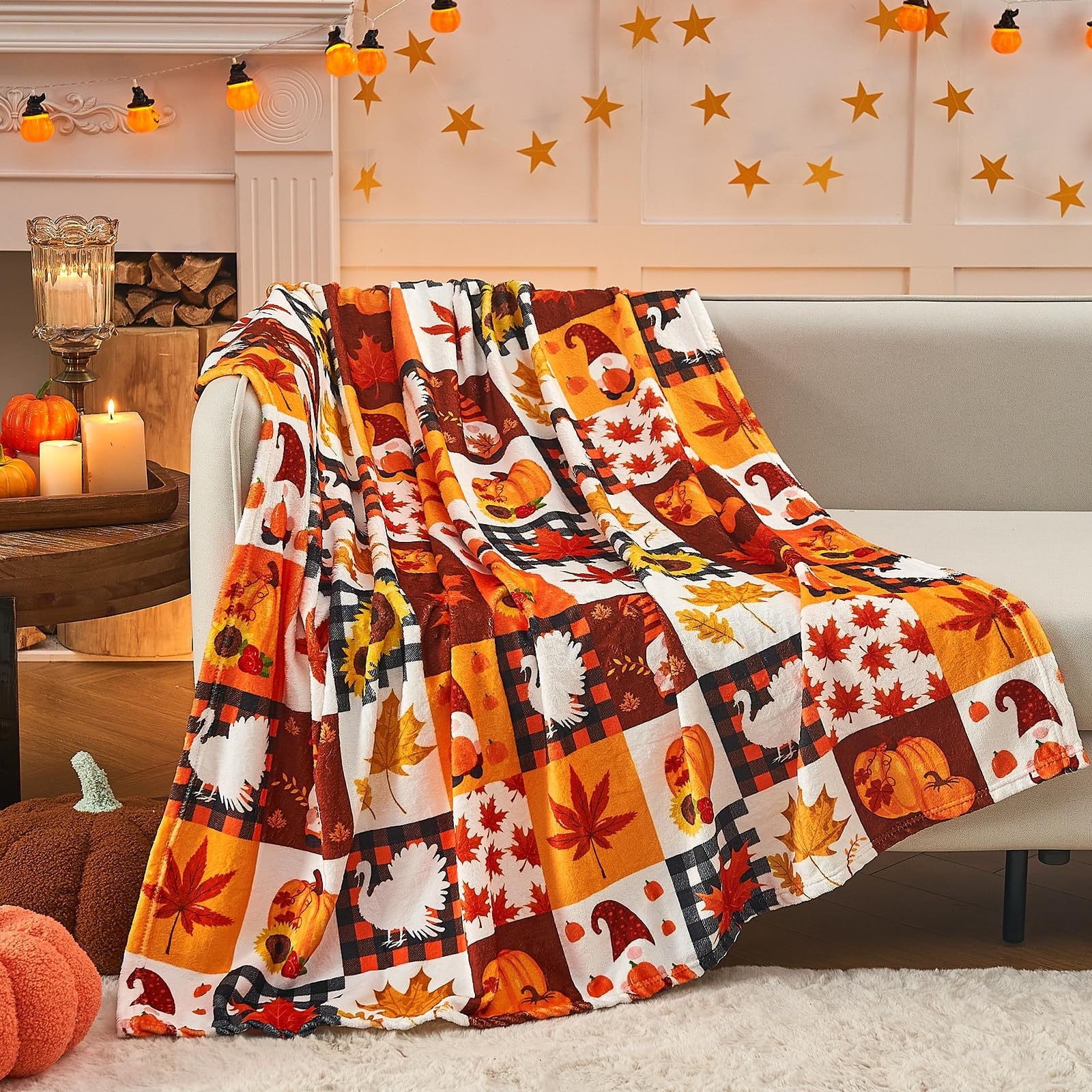 FastXmas Halloween Throw Blanket, 30"x40" Flannel Fleece Pumpkins Maple Checkered Plush Blanket, Soft Lightweight Skin-Friendly Fall Harvest Decorative Throw Blanket for Couch Sofa Bed Outdoor