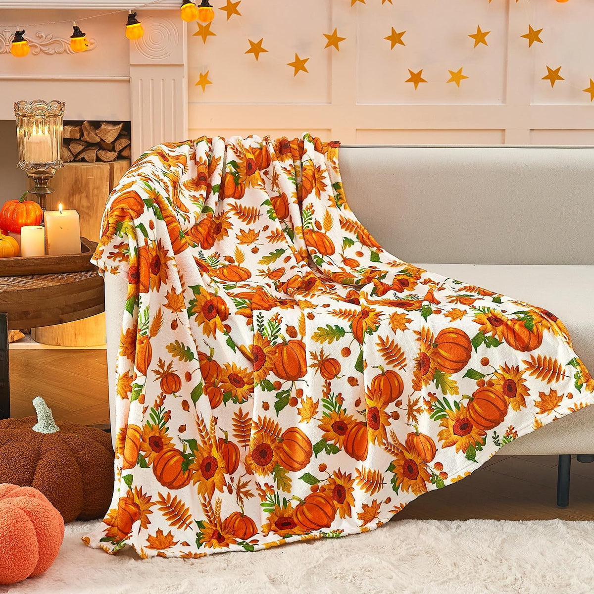 FastXmas Halloween Throw Blanket, 30"x40" Flannel Fleece Pumpkins Maple Checkered Plush Blanket, Soft Lightweight Skin-Friendly Fall Harvest Decorative Throw Blanket for Couch Sofa Bed Outdoor