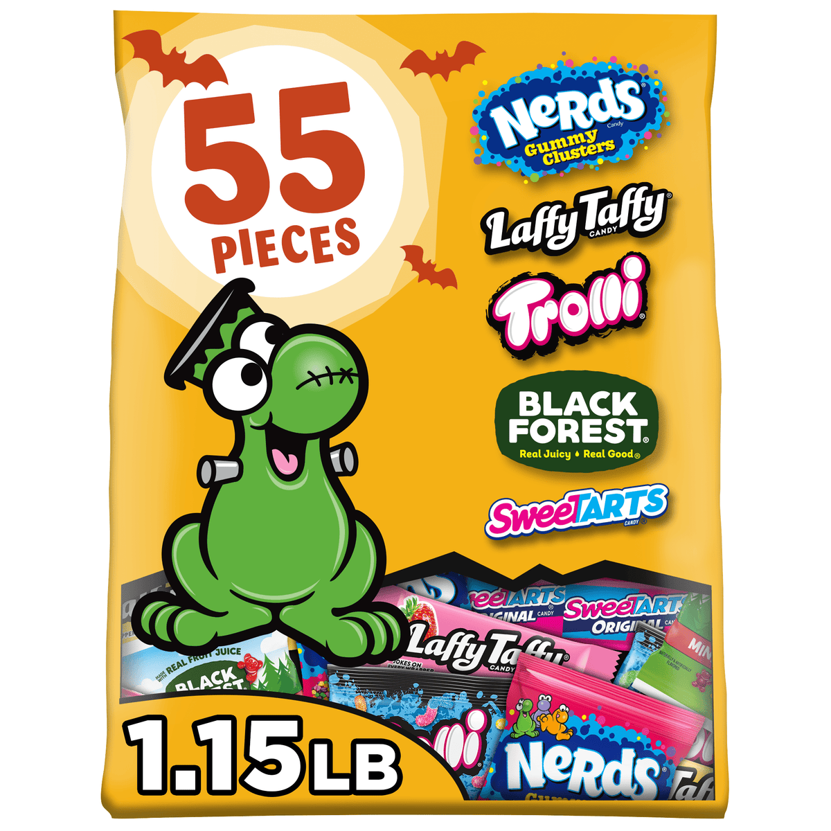 Nerds Fruity Chewy Halloween Trick-or-Treat Variety Bag, NERDS Gummy Clusters, SweeTARTS, Trolli, Laffy Taffy, and Black Forest, 55 Pieces, 18.42 Ounces