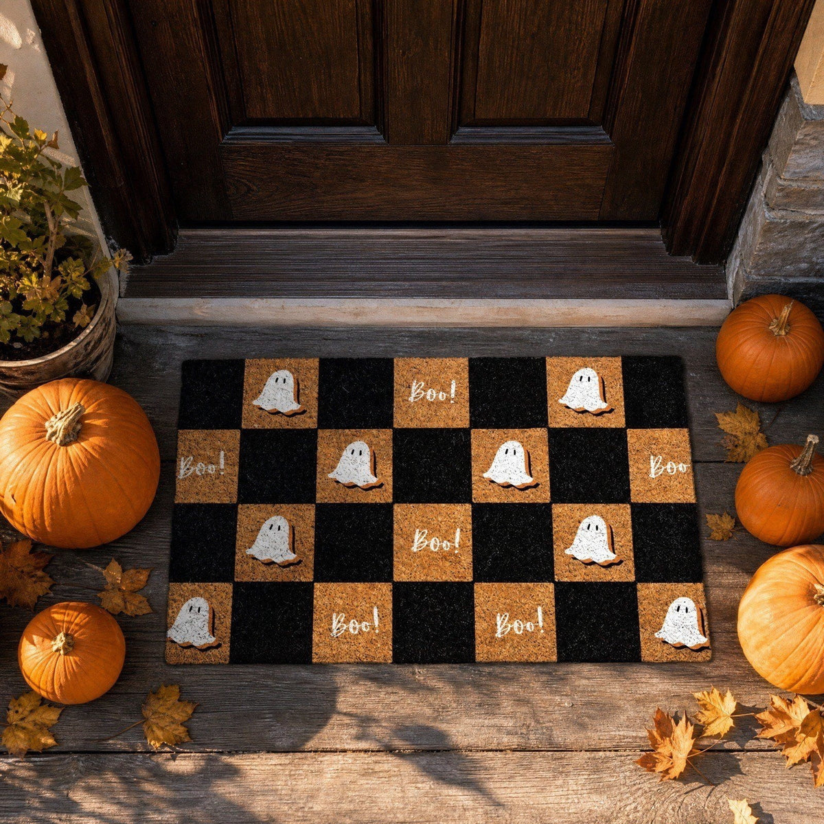Fllostpr Halloween Pumpkin & Crow Welcome Doormat for Front Door, Non-Slip Vintage Brown Coir Floor Mat for Outdoor Porch Entryway Decor,16x24 Inch