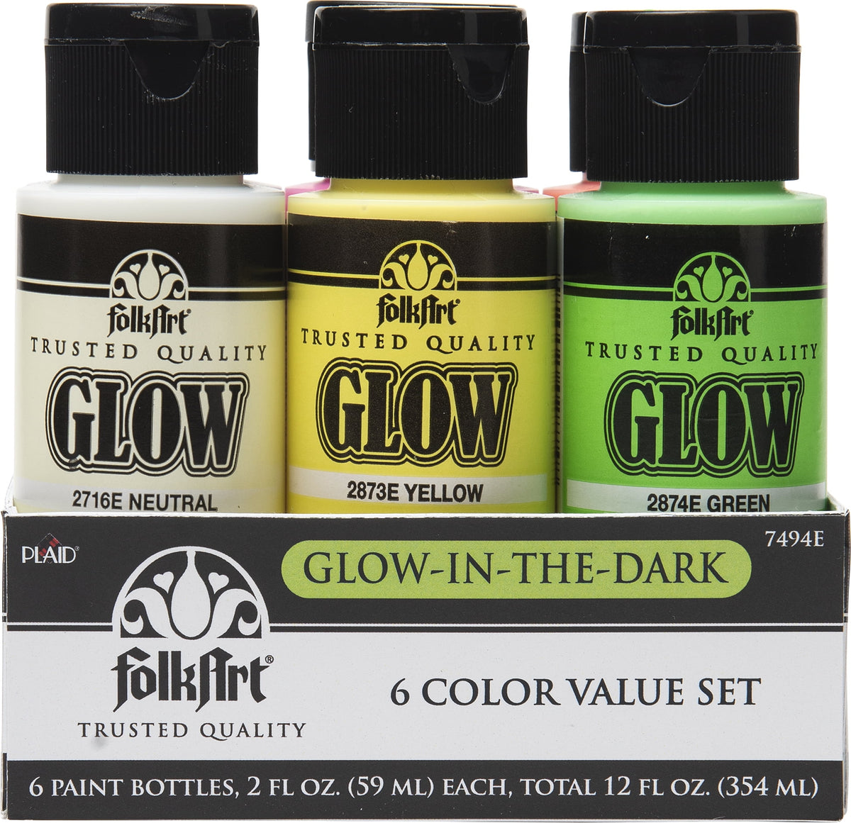 FolkArt 7494E Glow-in-the-Dark Acrylic Paint Set, Matte Finish, Set of 6, 12 fl oz