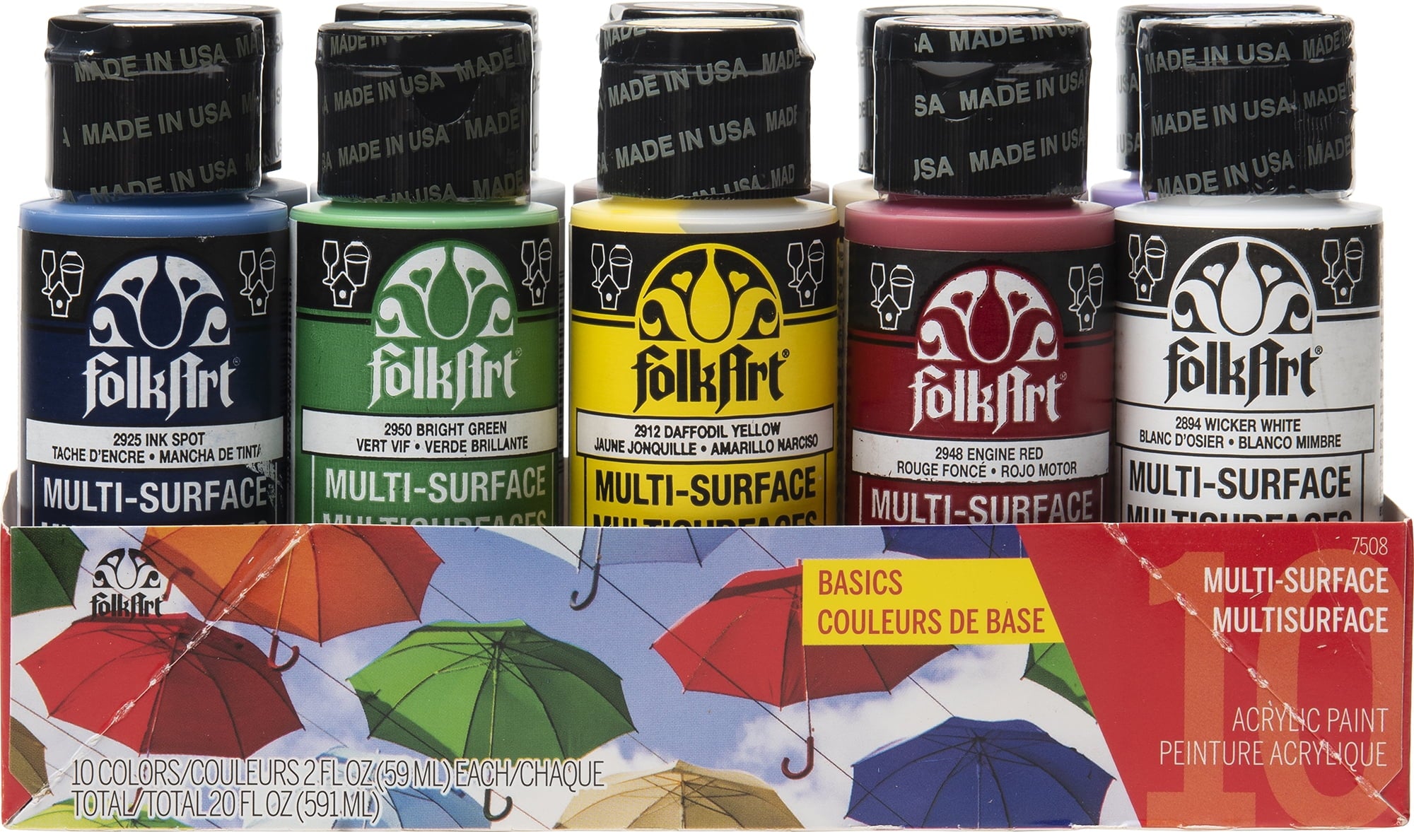 FolkArt 7508E Multi-Surface Acrylic Craft Paint Set, Satin Finish, Basics, Set of 10, 30 fl oz